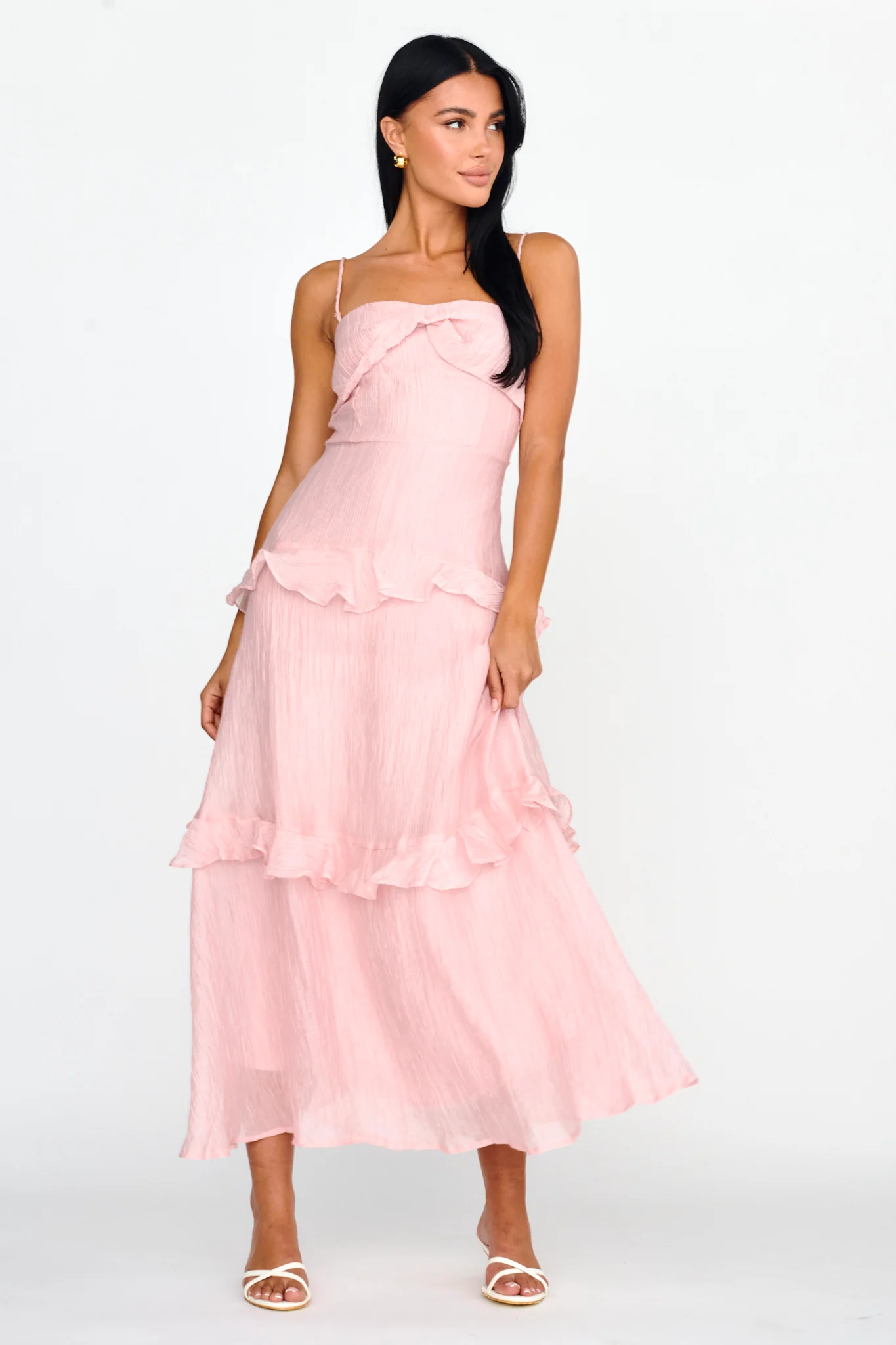 Rise & Glow Frill Trim Textured Midi Dress Blush