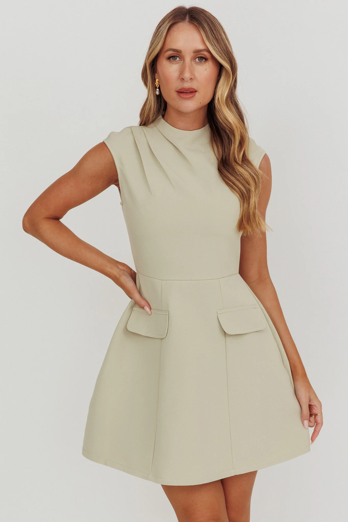 Thandi Pleat Shoulder Faux Pocket Mini Dress Sage