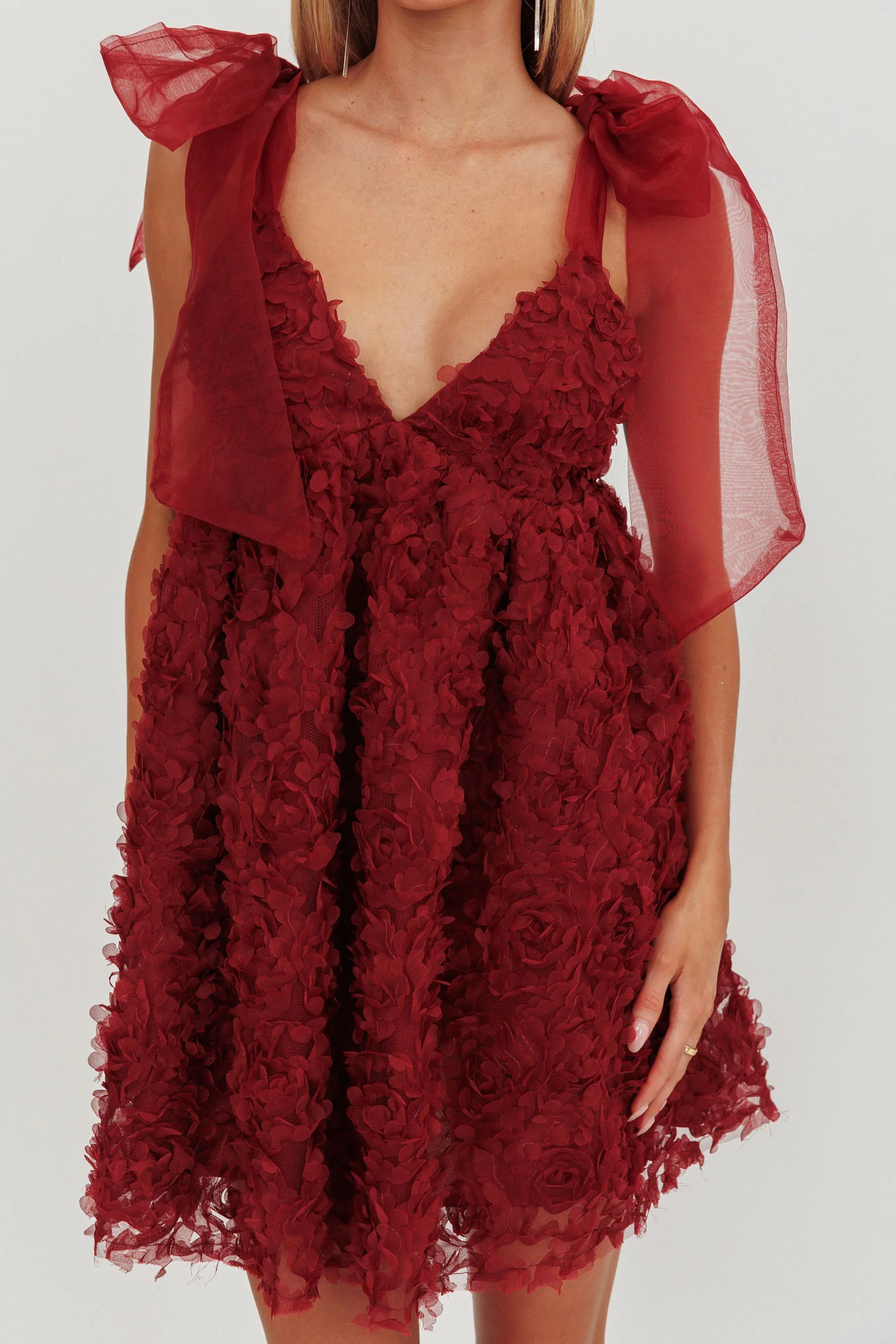 Lisette Tied Shoulder Embellished Mini Dress Wine