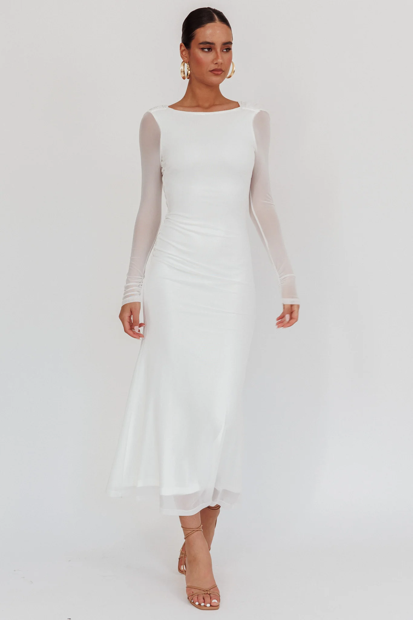 Lustre Open Back Mesh Maxi Dress White