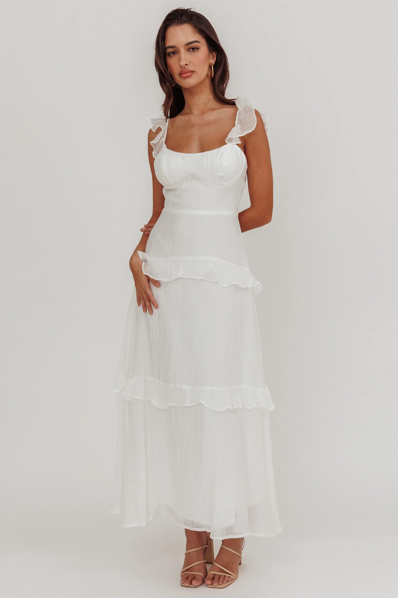 Moonlit Moment Ruffle Trim Lace-Up Back Maxi Dress White