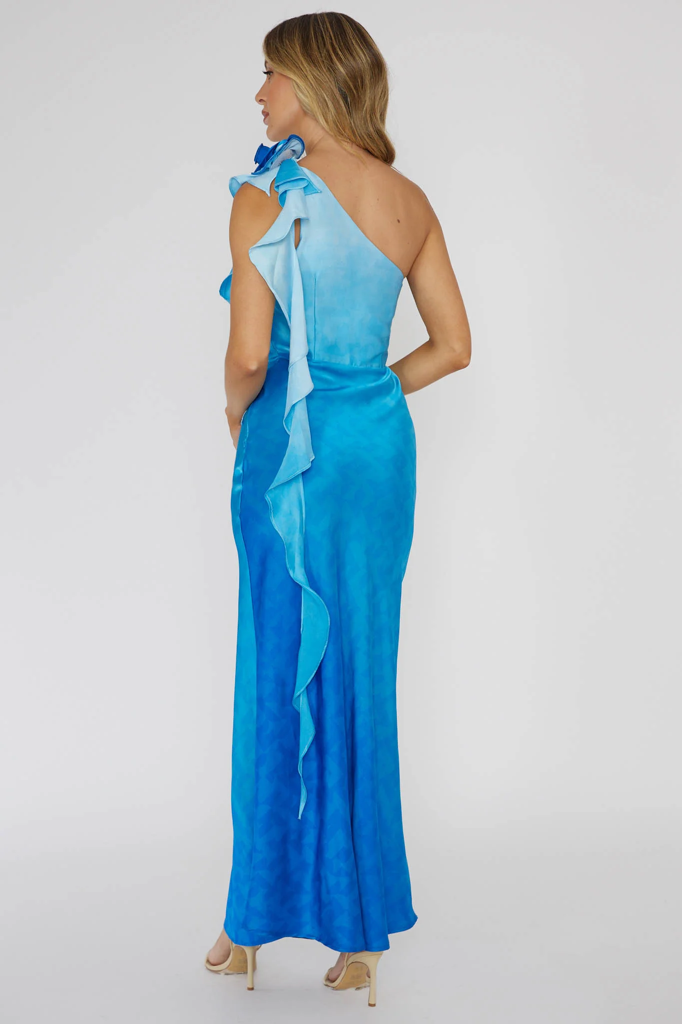 Mariyan One Shoulder Rose Maxi Dress Blue