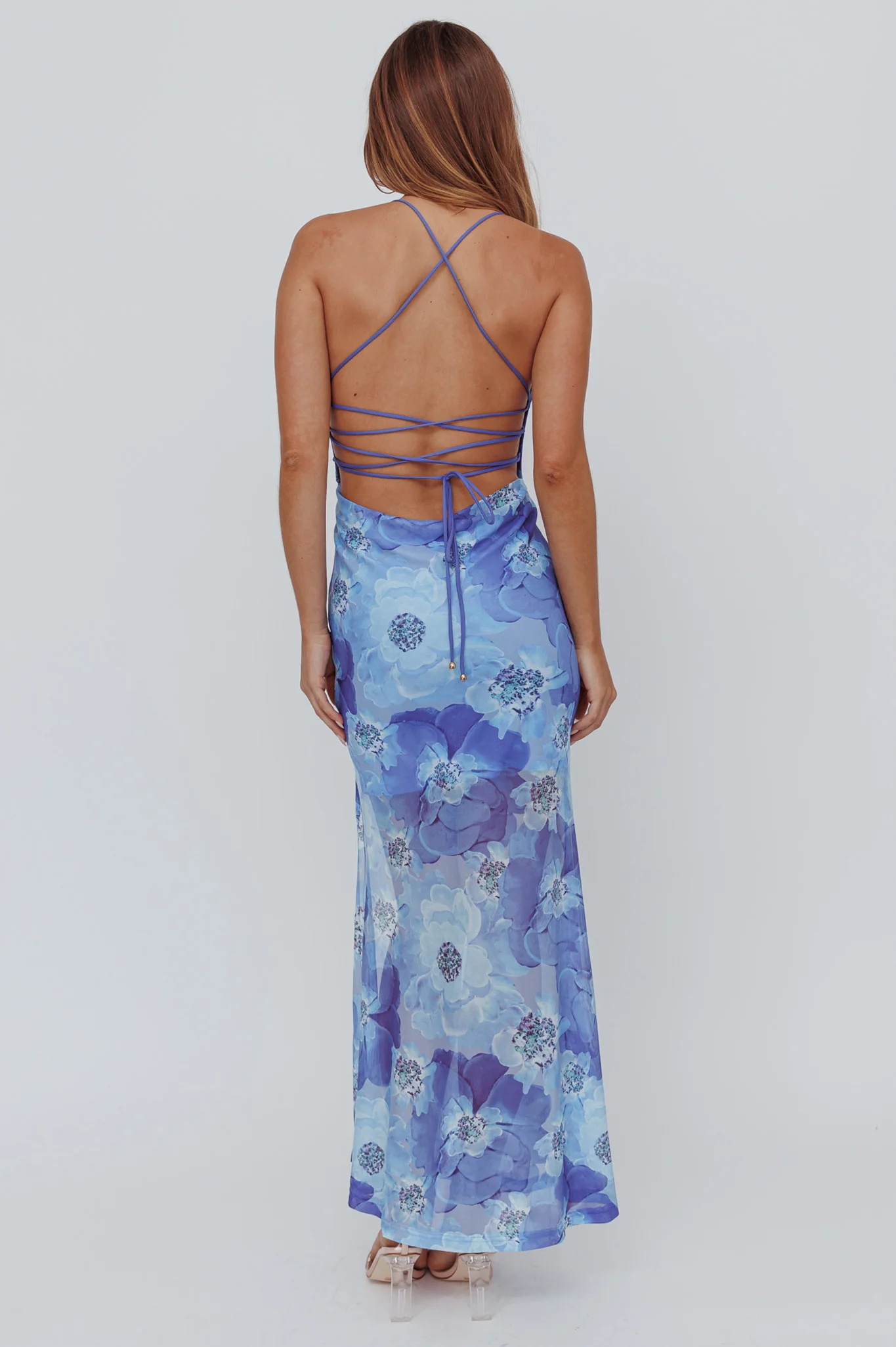 Osaka Sun Lace-Up Back Mesh Dress Blue