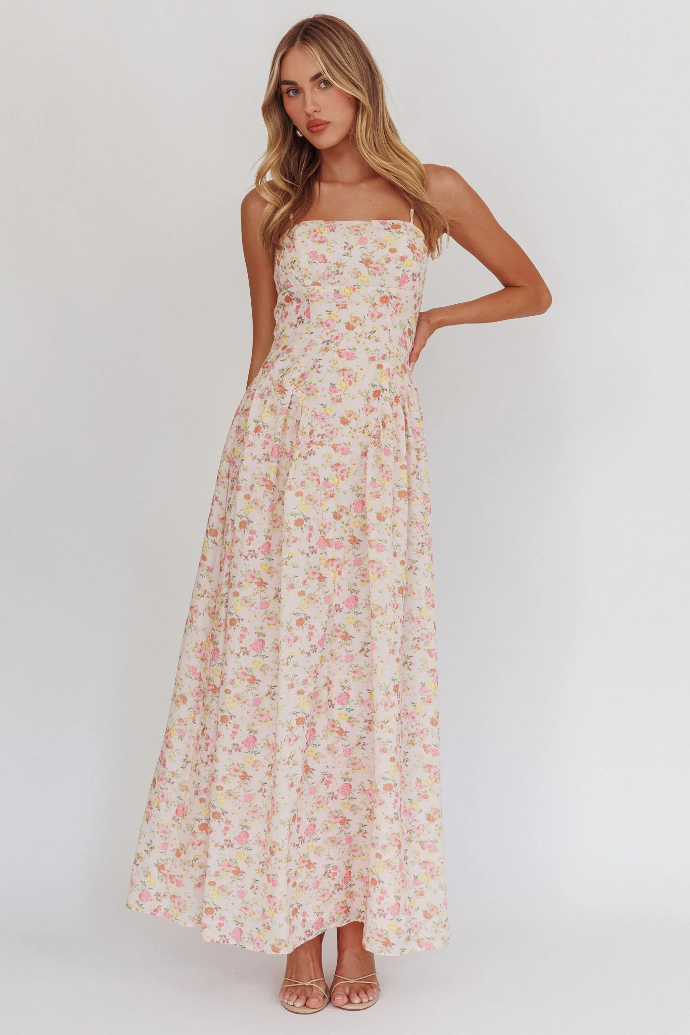 Daisy Day Basque Waist Maxi Dress Floral Pink