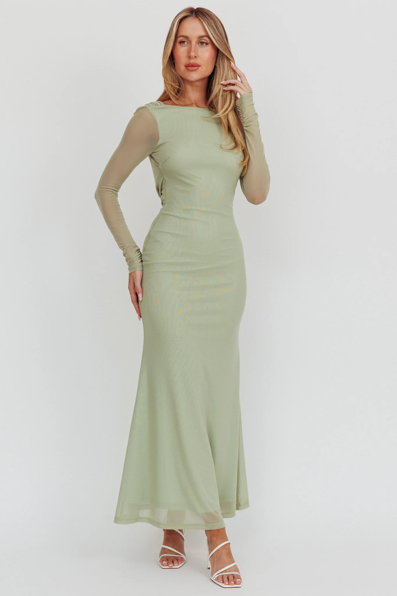 Lustre Open Back Mesh Maxi Dress Sage