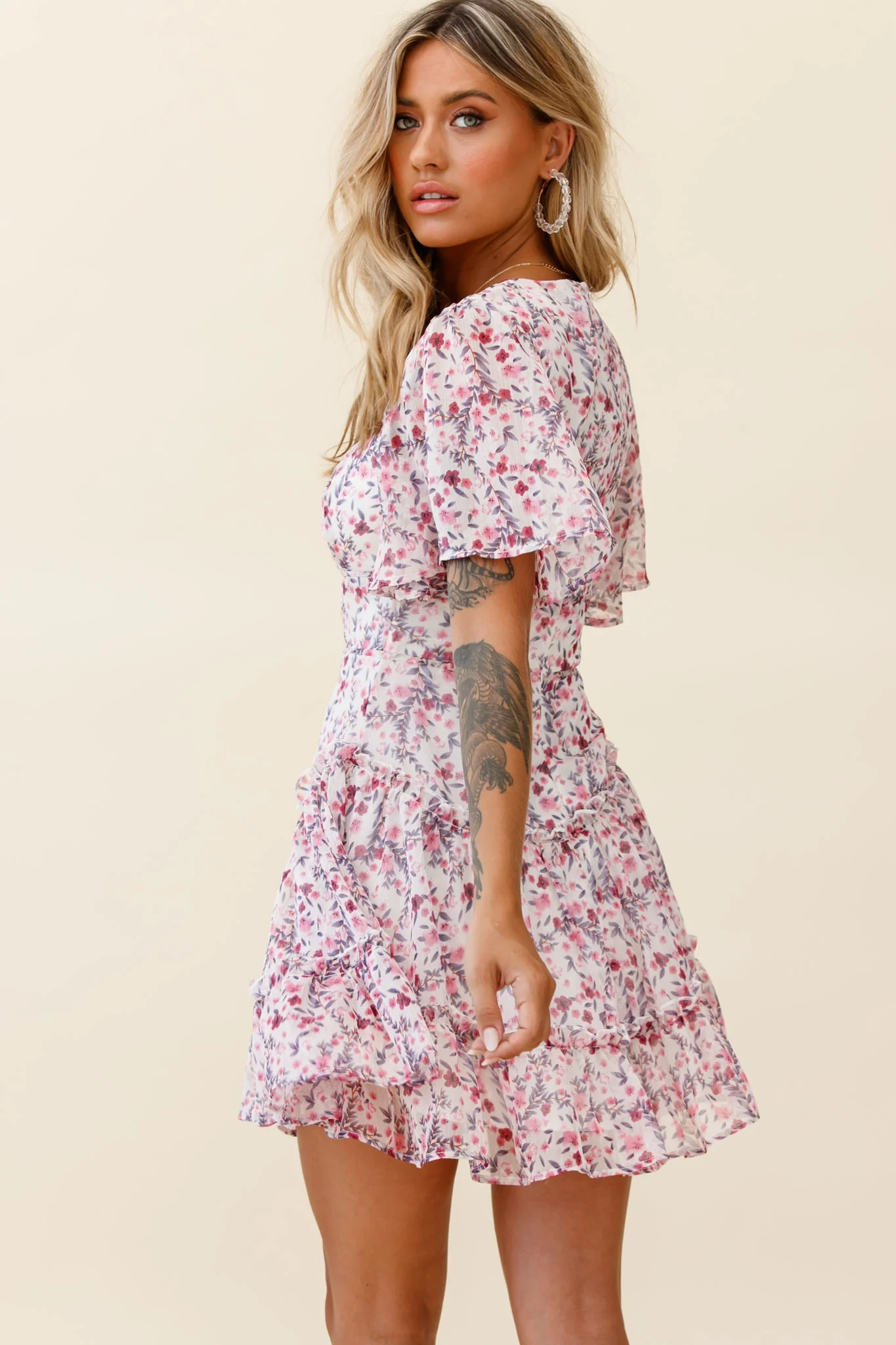 Stolen Moments Angel Sleeve Ruffle Dress Floral Print Pink Multi