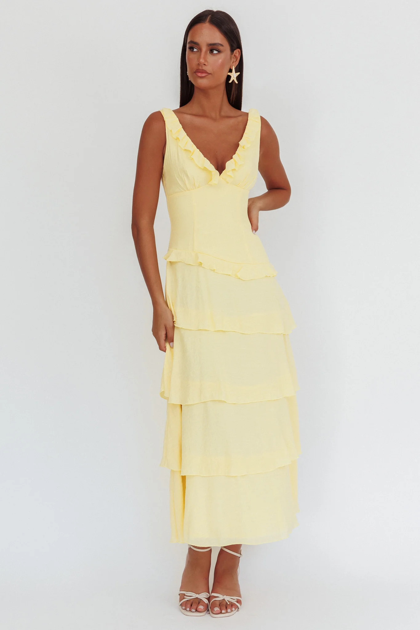 Khlara V-Neck Frill Trim Maxi Dress Butter
