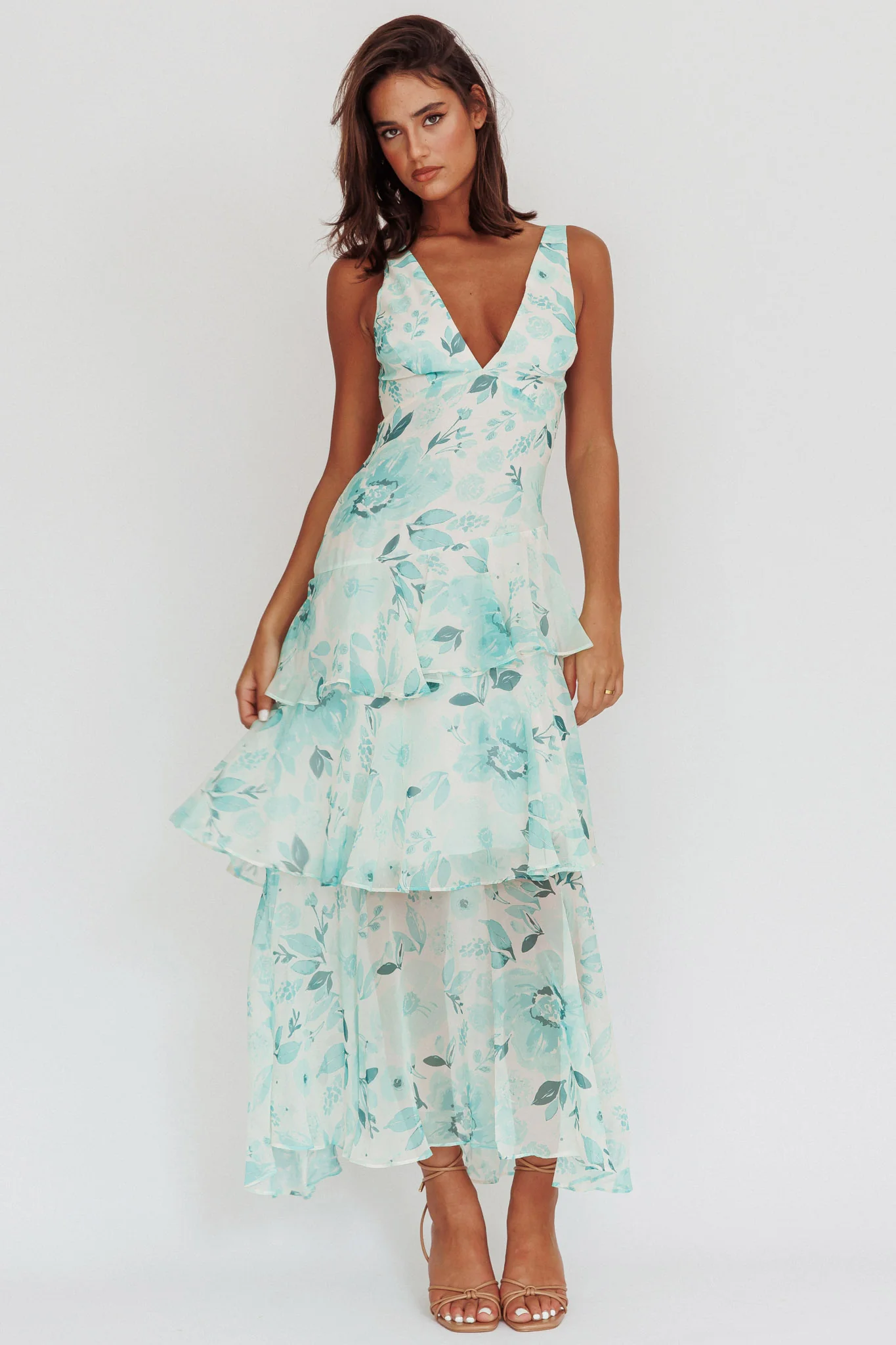 Veda Strappy Back Ruffle Maxi Dress Floral Green