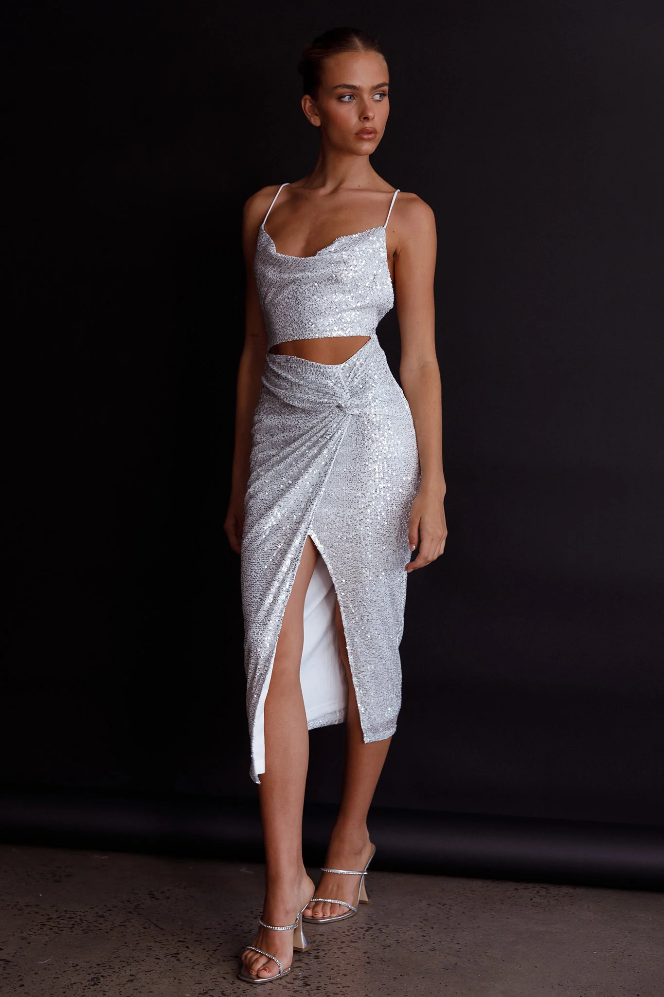 Miami Nights Cowl Neckline Twist Feature Midi Dress Sequin Silver