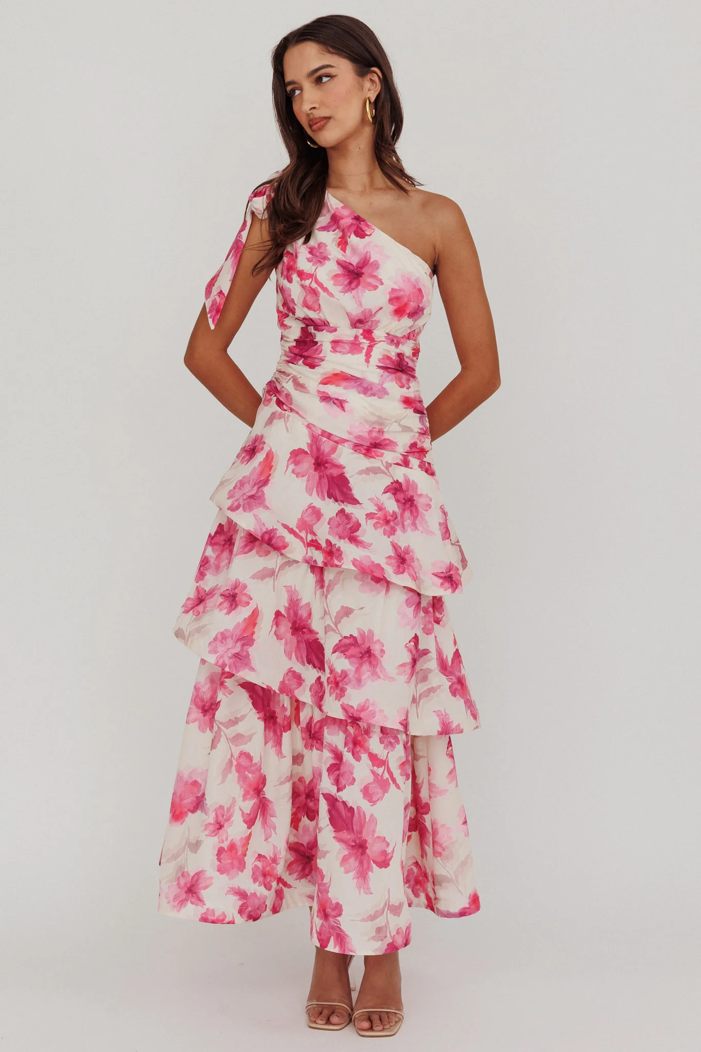Kenny One Shoulder Tiered Floral Maxi Dress Pink