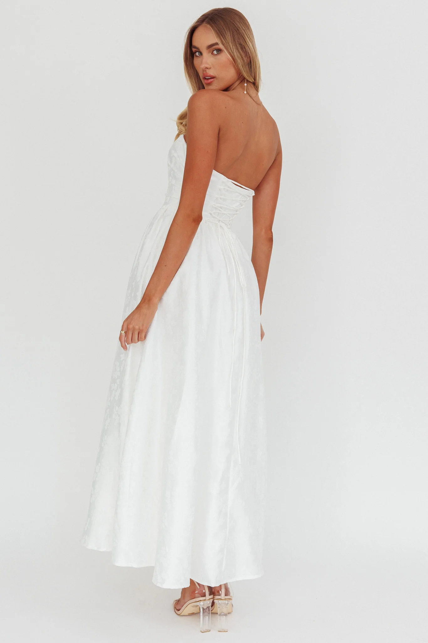 Anushka Strapless Empire Maxi Dress Jacquard White