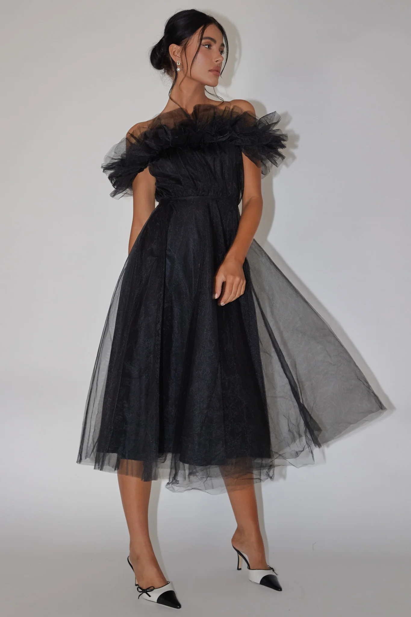 May Rose Off-Shoulder Tulle Midi Dress Black