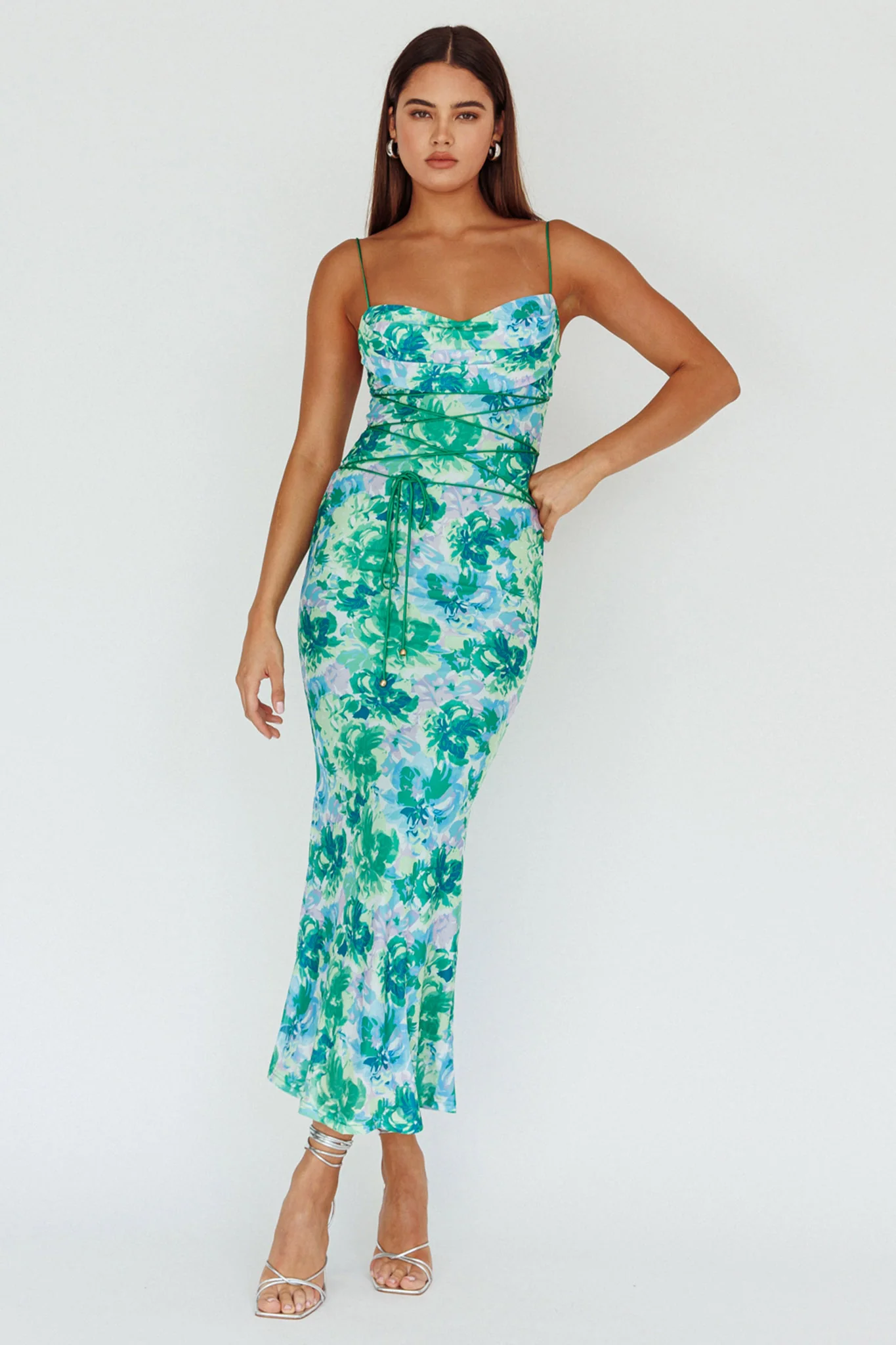 Teava Laced Waist Midi Dress Floral Green
