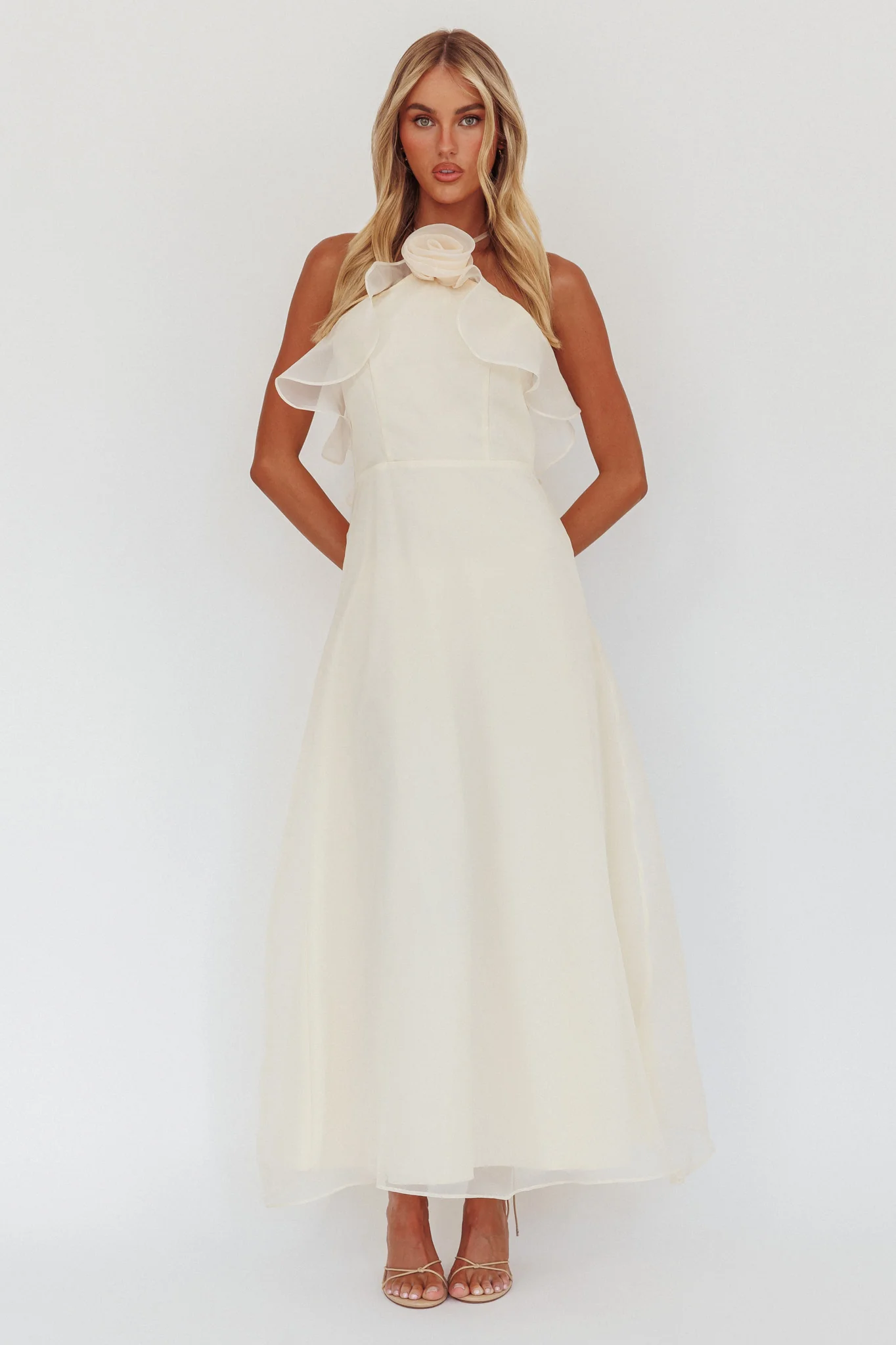 Cordially Invited Ruffle Neckline Rosette Maxi Vanilla