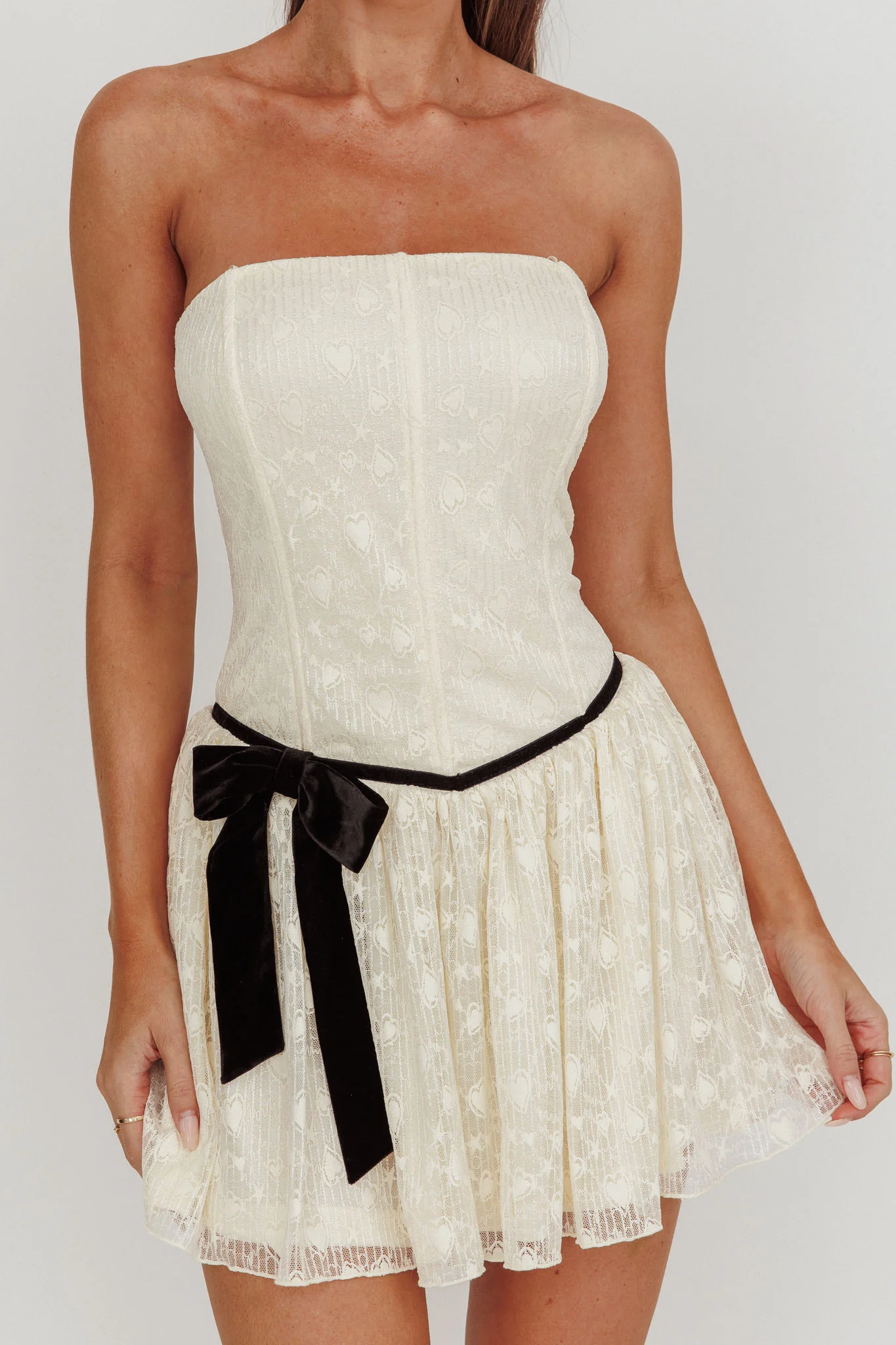 Breathe Lace Up Strapless Mini Dress Ivory