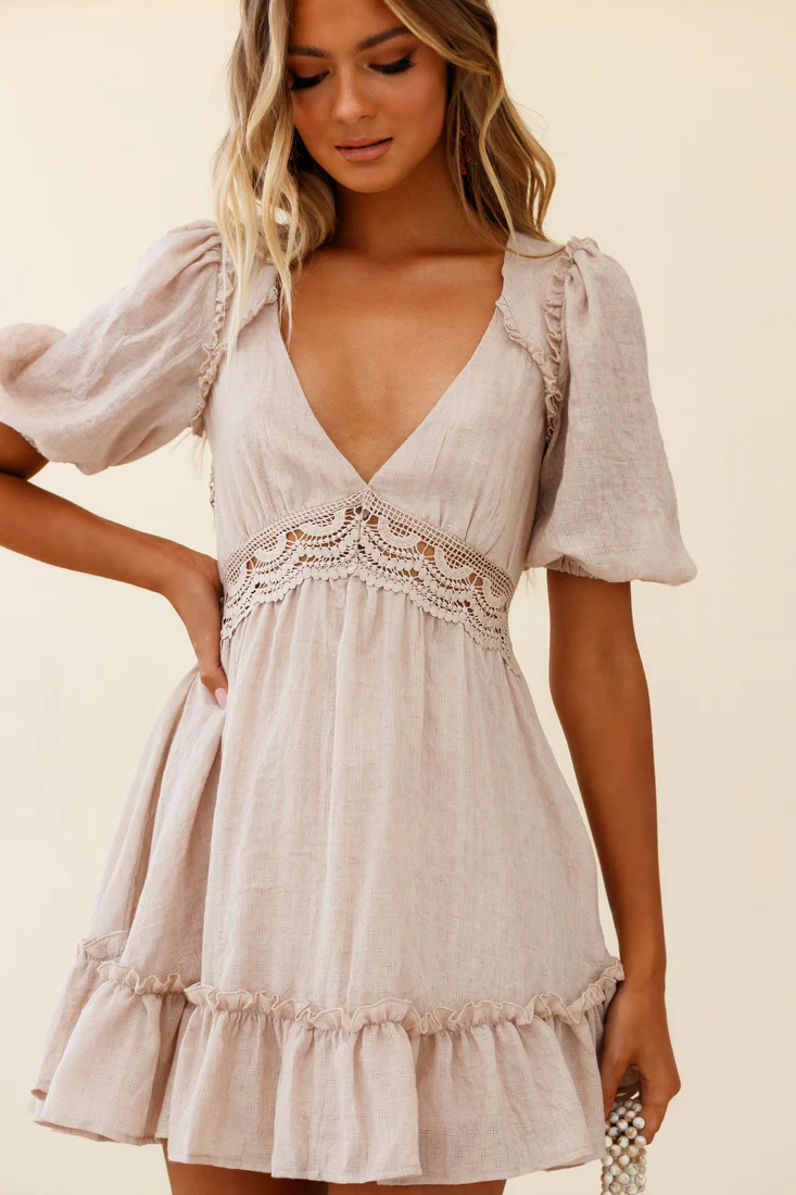 Everleigh Milkmaid Sleeve Exposed Back Dress Beige