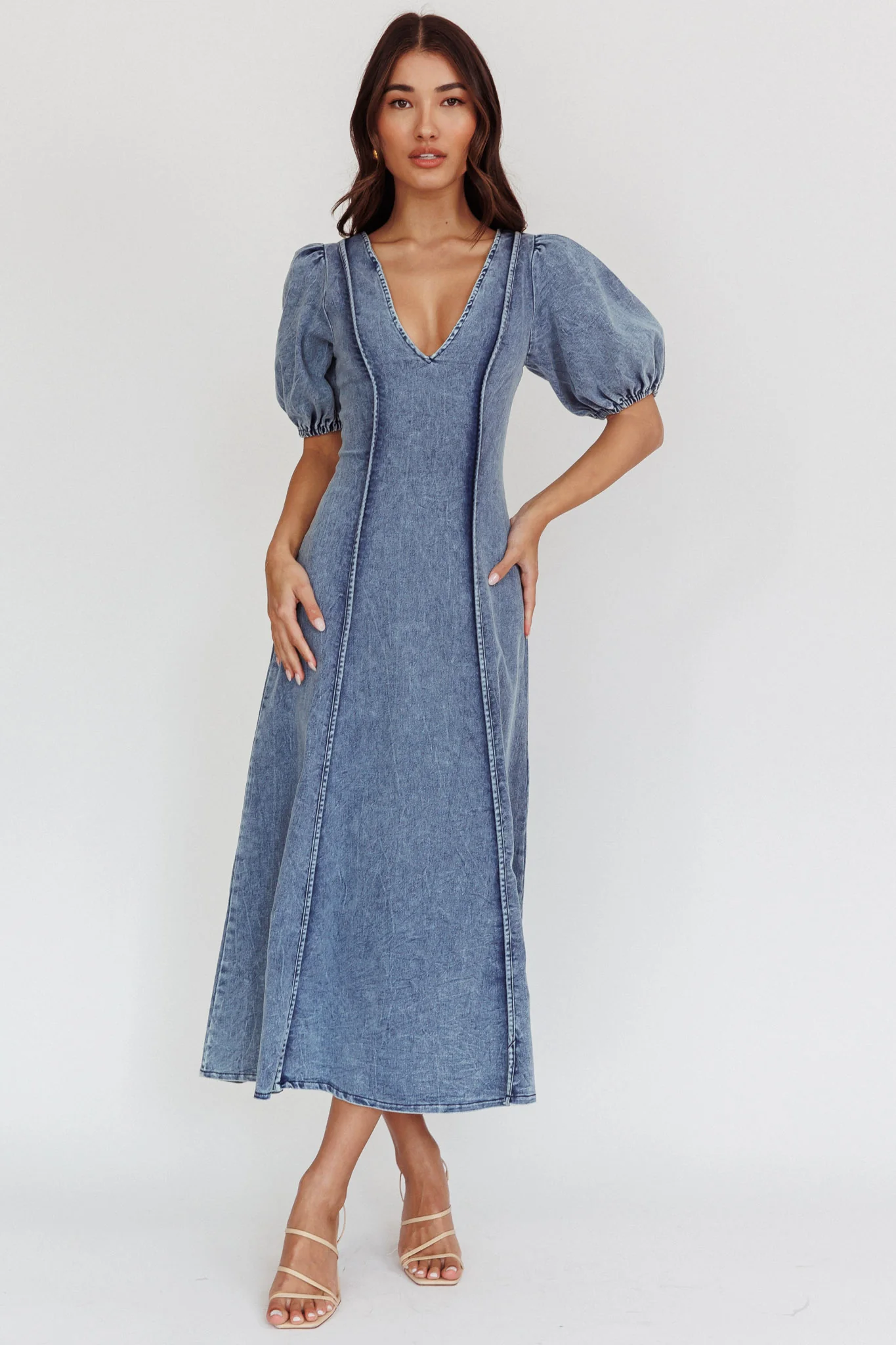 Morgane Puff Sleeve V-Neck Midi Dress Light Denim Blue