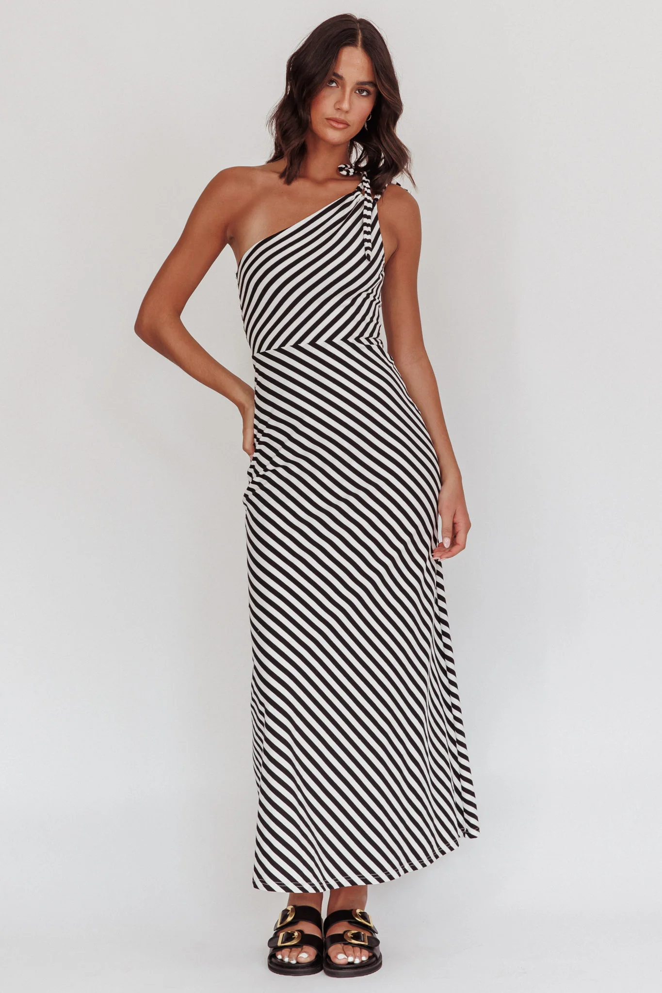 Ocean Road Tied One-Shoulder Maxi Dress Stripe Black