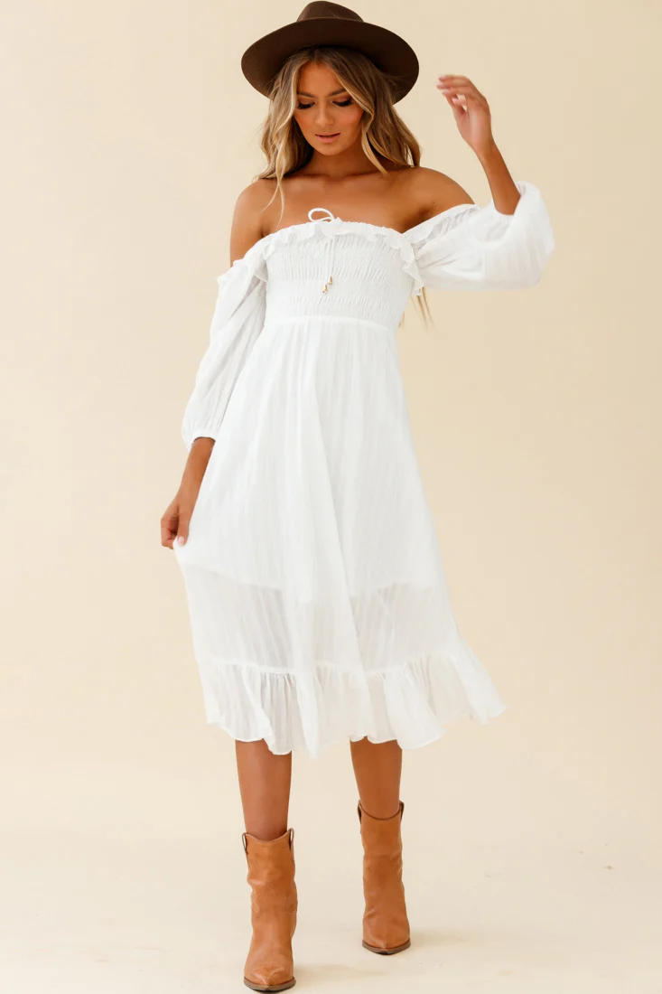 Flynn Off-Shoulder Shirred Bust Midi Dress White