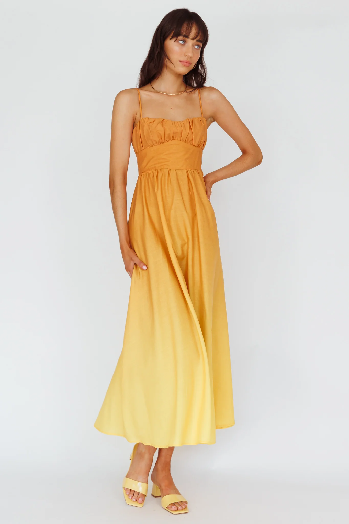 Clarabelle Gathered Bust Midi Dress Gradient Orange