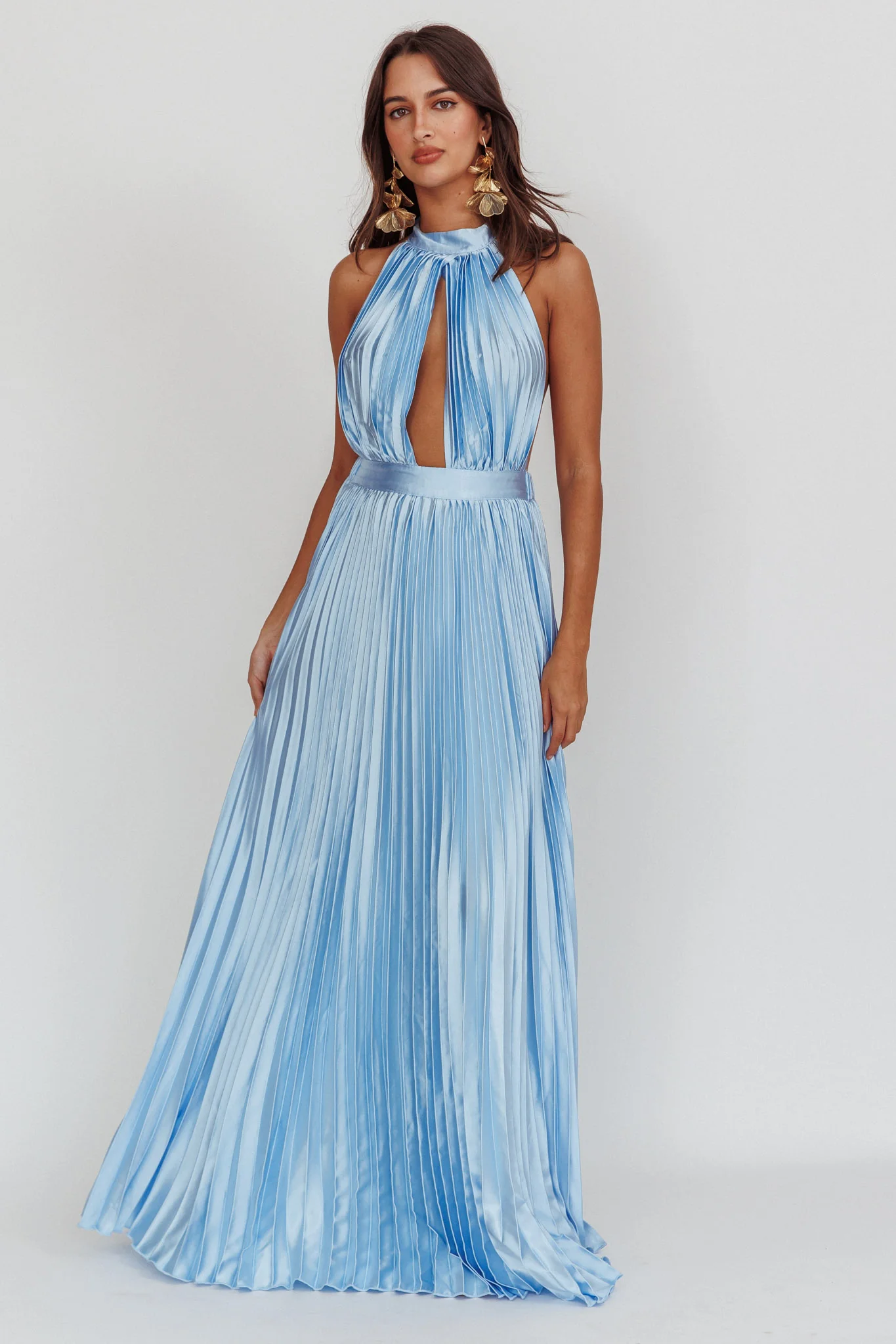 Monarch Pleated Satin Maxi Dress Light Blue