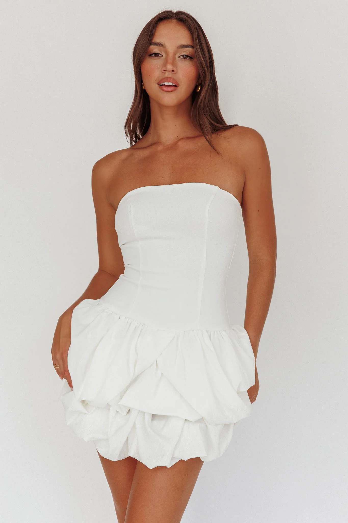Nefiti Strapless Layered Bubble Hem Dress White