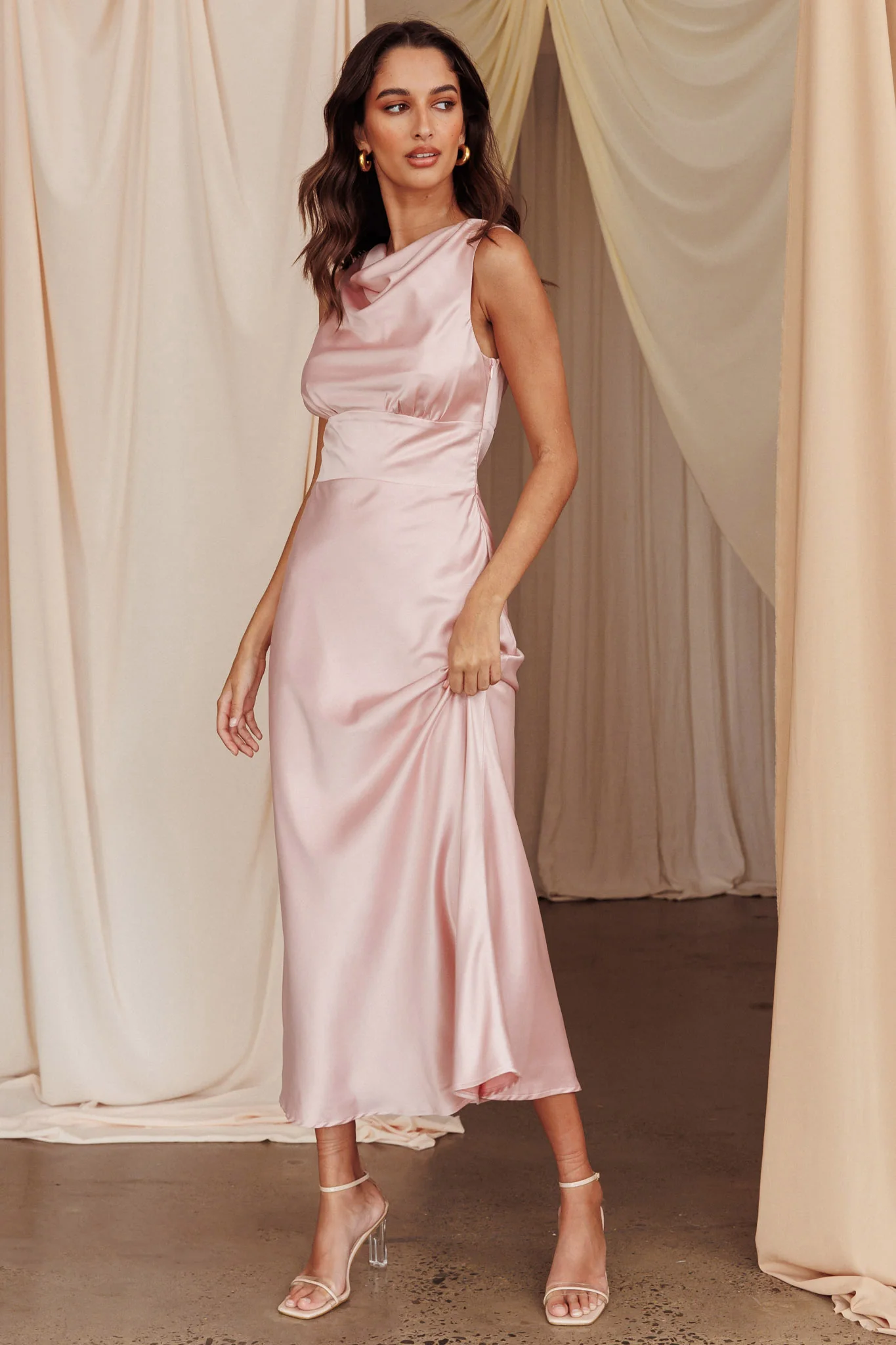 Fluttering Hearts Cowl Neck Sleeveless Midi Dress Blush