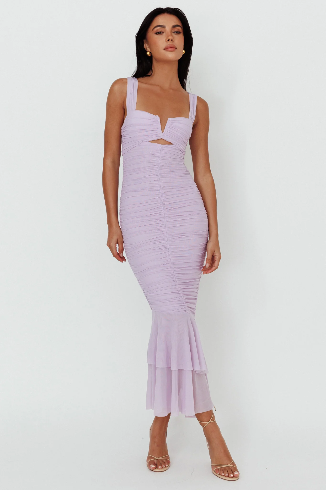 Nadia Ruched Fishtail Maxi Dress Lilac