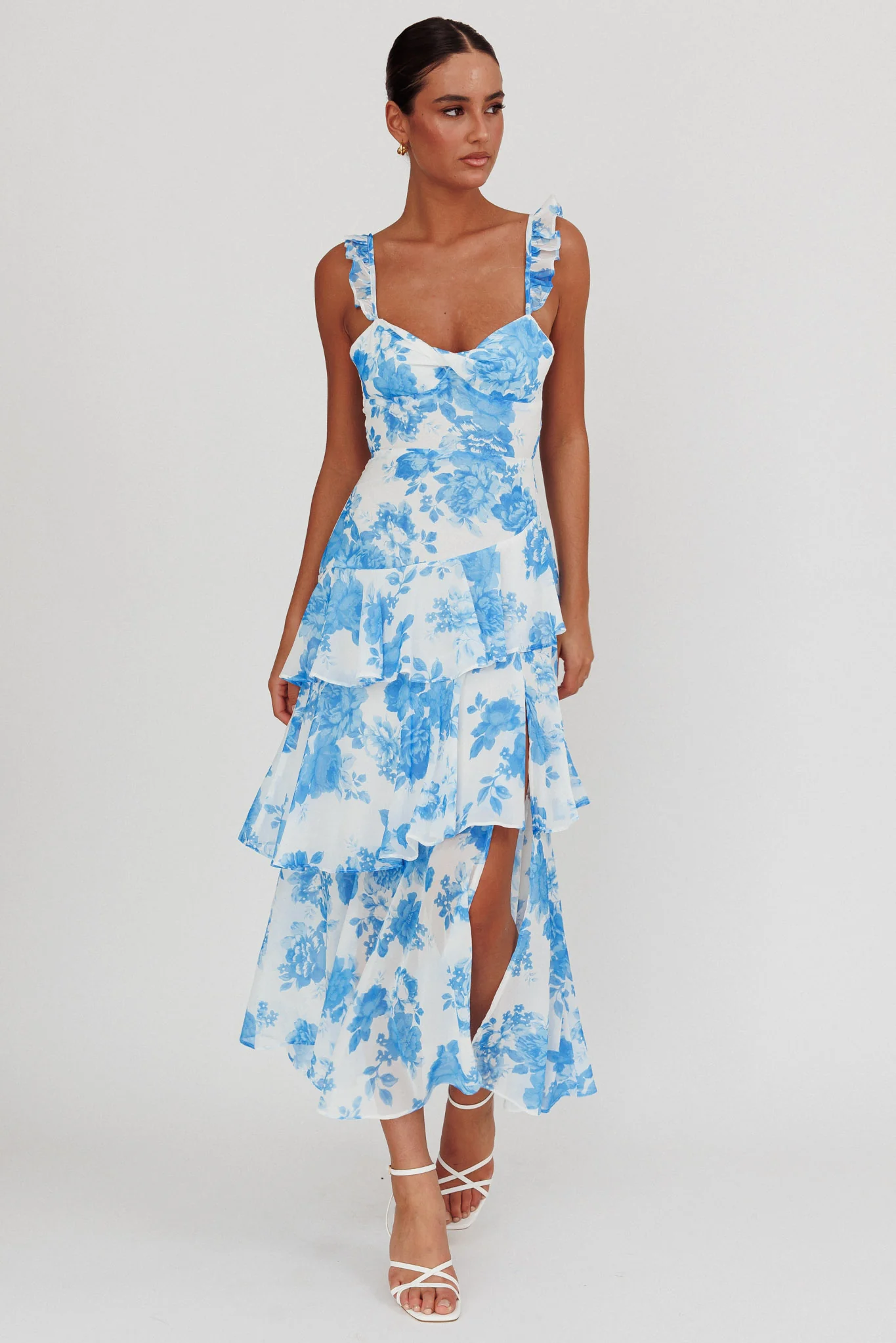 Veda Ruffle Strap Split Maxi Dress Floral White/Blue