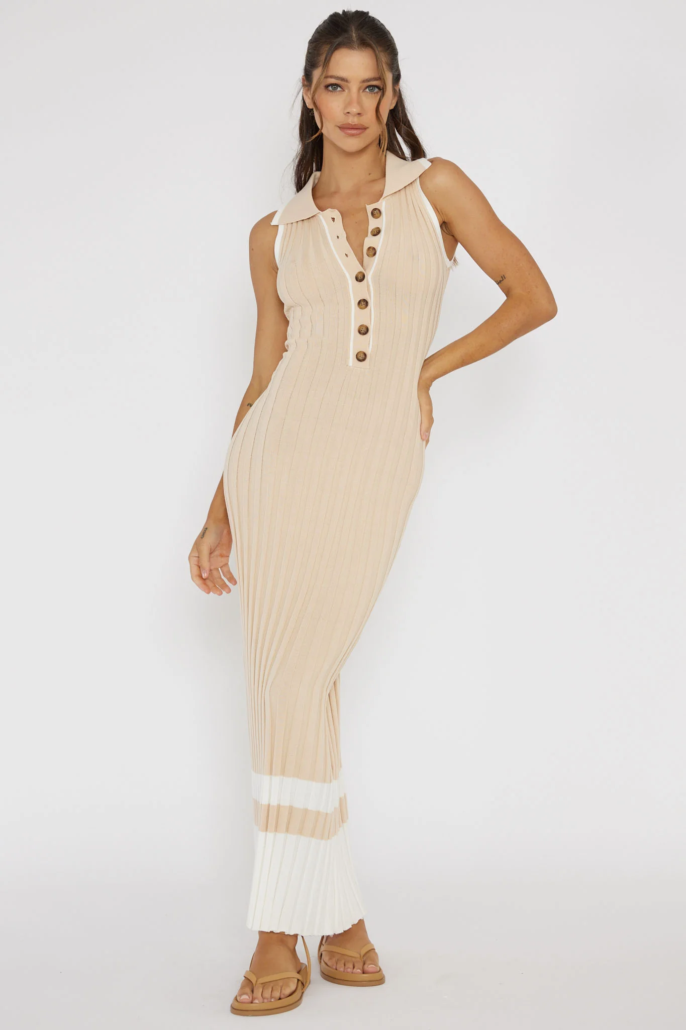 Cayla Button-Up Ribbed Knit Dress Sand
