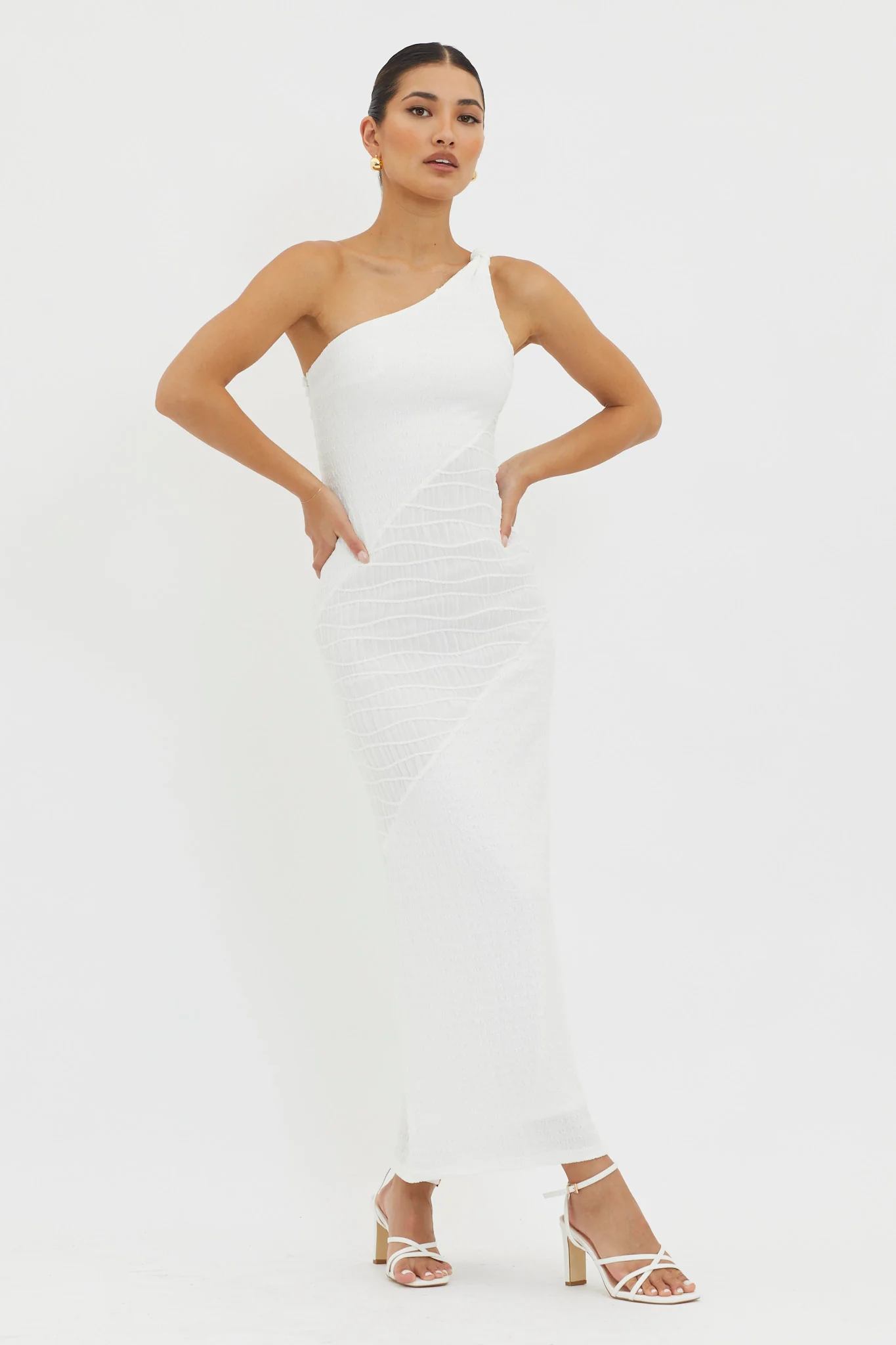 Clean Slate One-Shoulder Smocked Midi Dress White