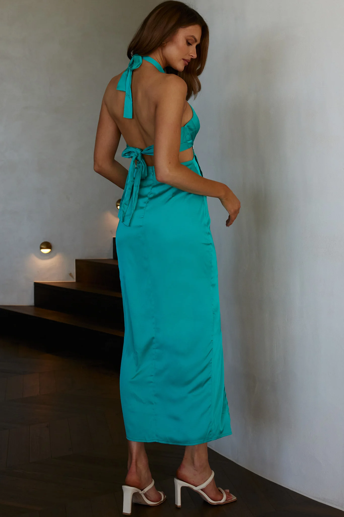 Night Breeze Halterneck Diamante Midi Dress Steel Blue