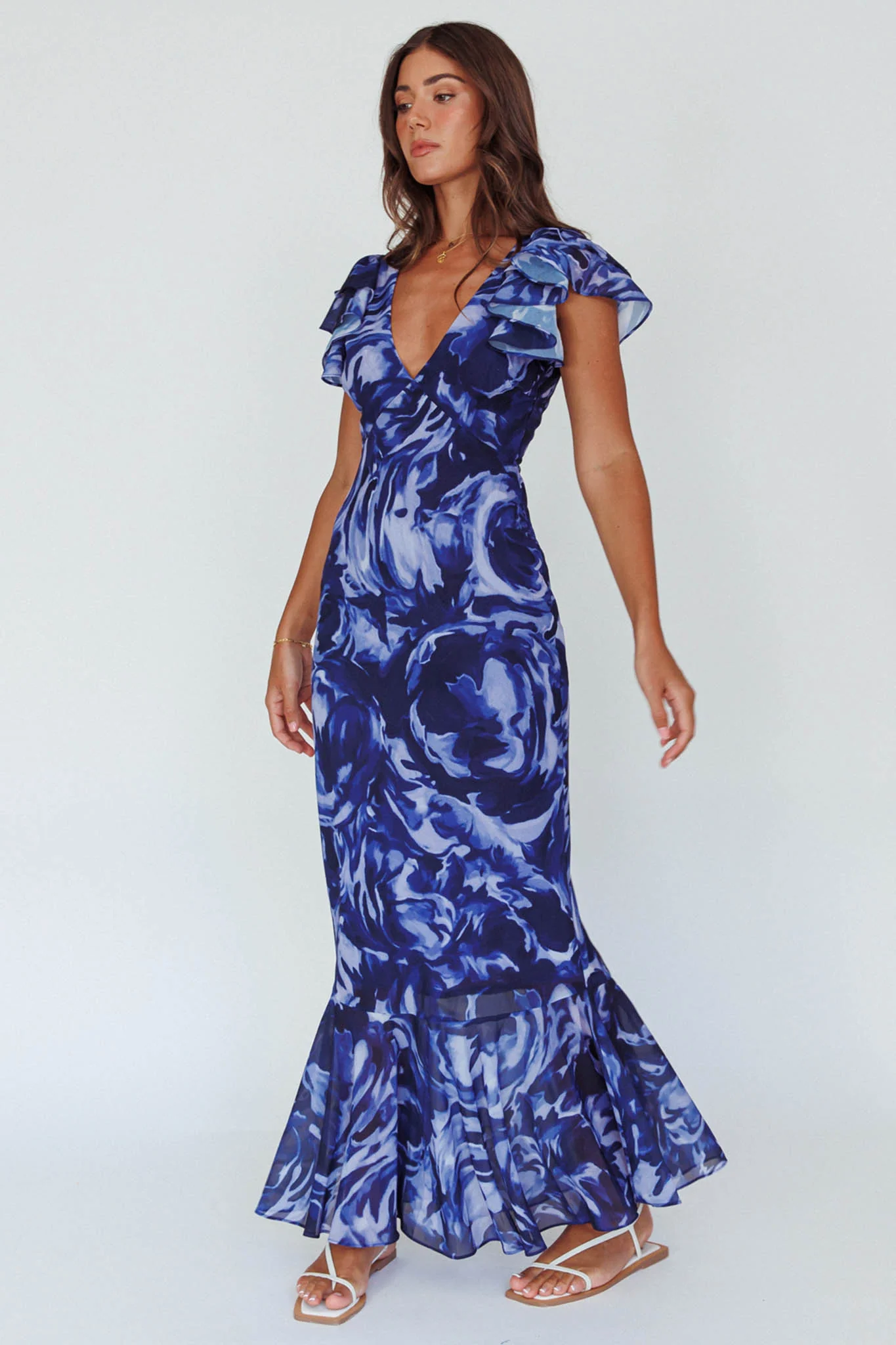 Lydiah Ruffle Sleeve Maxi Dress Floral Blue