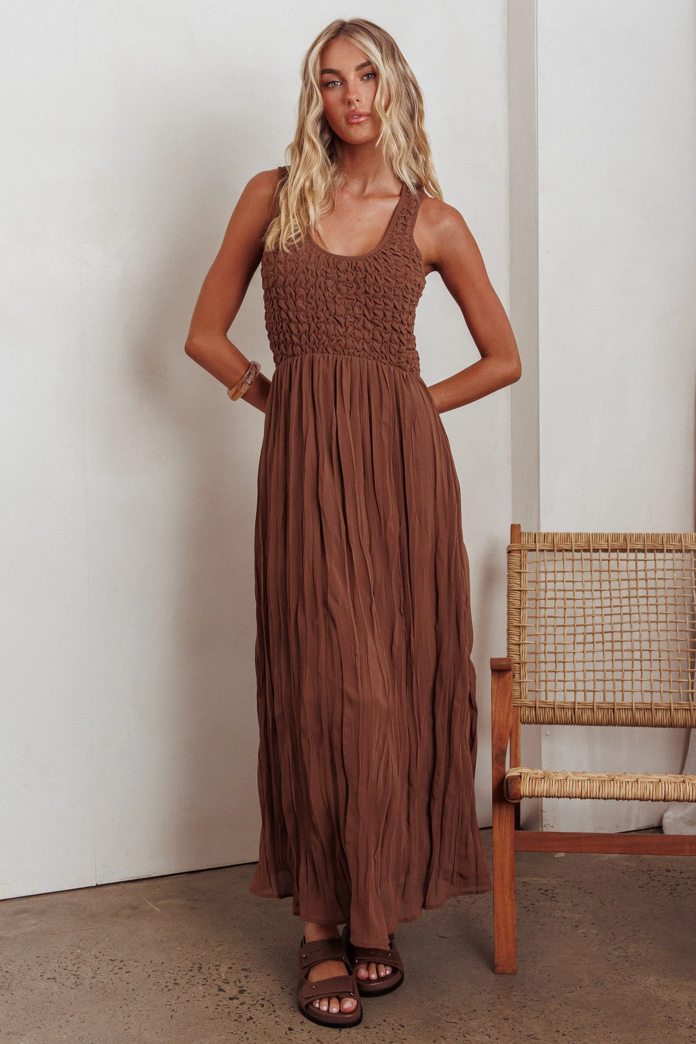 Mirella Smocked Bodice Maxi Dress Mocha