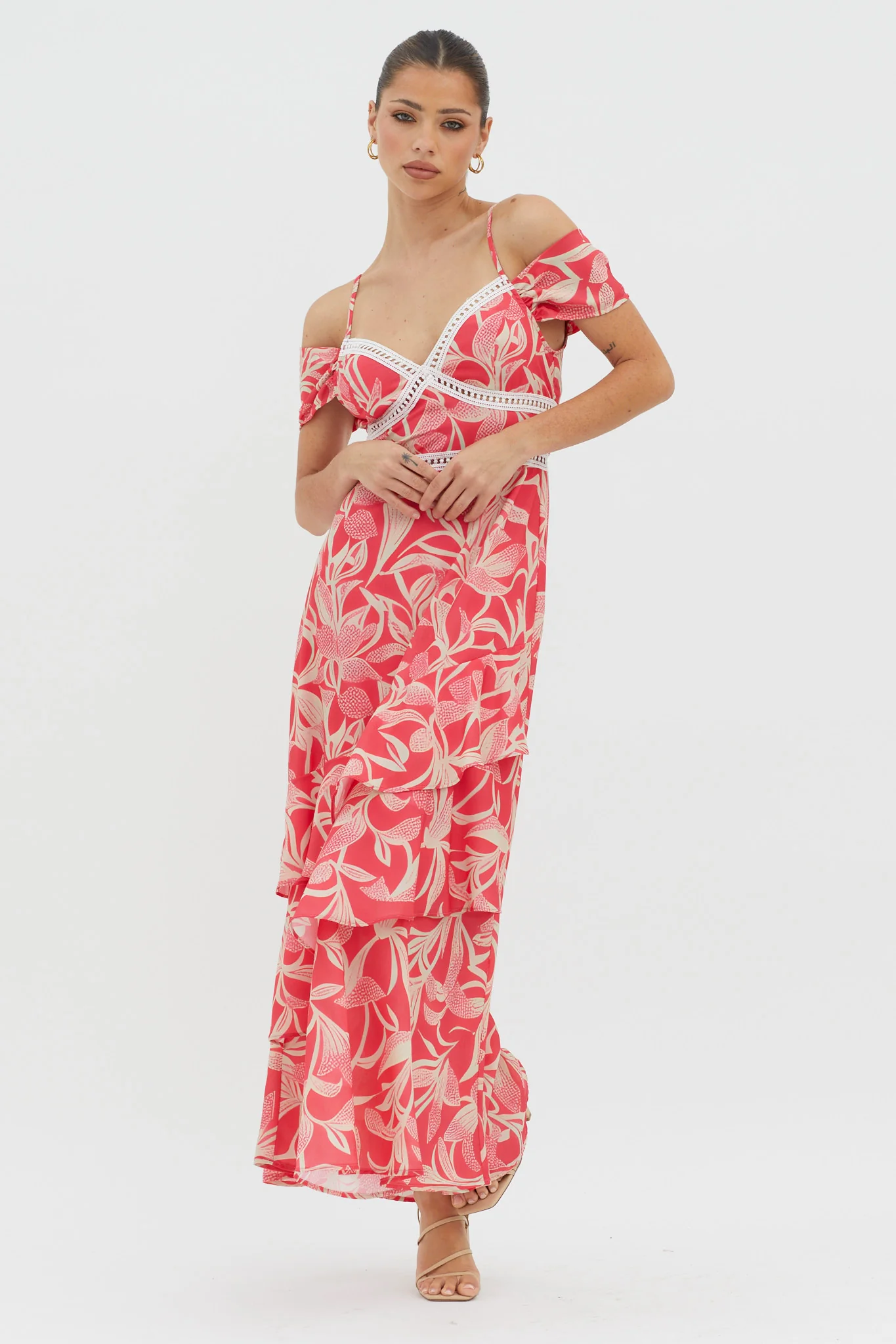 Seina Off-Shoulder Crochet Trim Dress Print Red