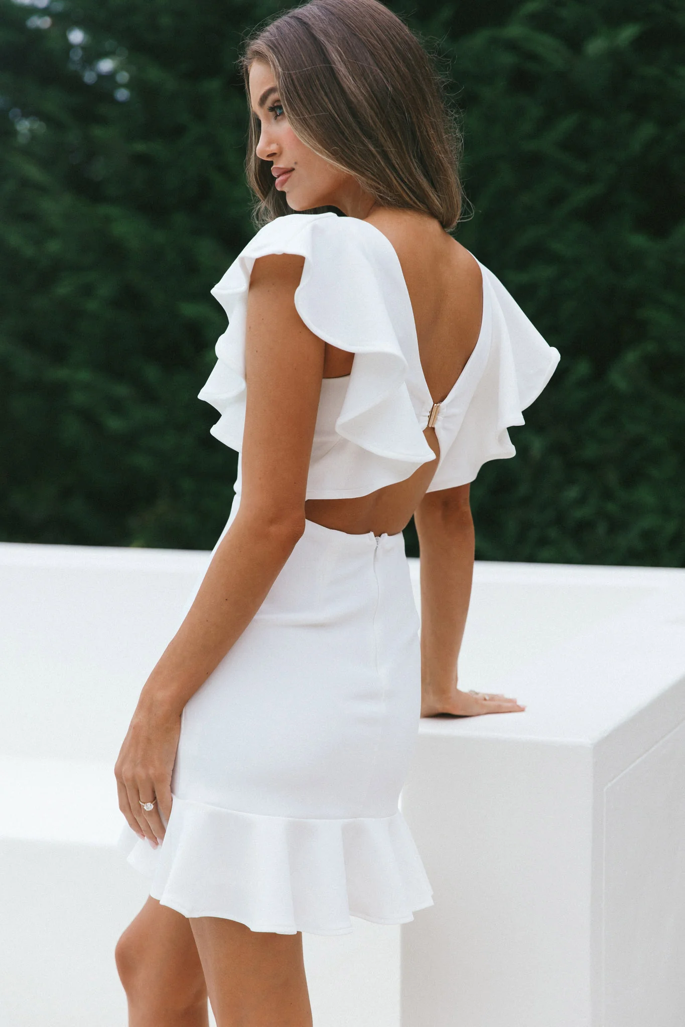 Cupid's Bow V-Neckline Ruffle Shoulder Bodycon Dress White