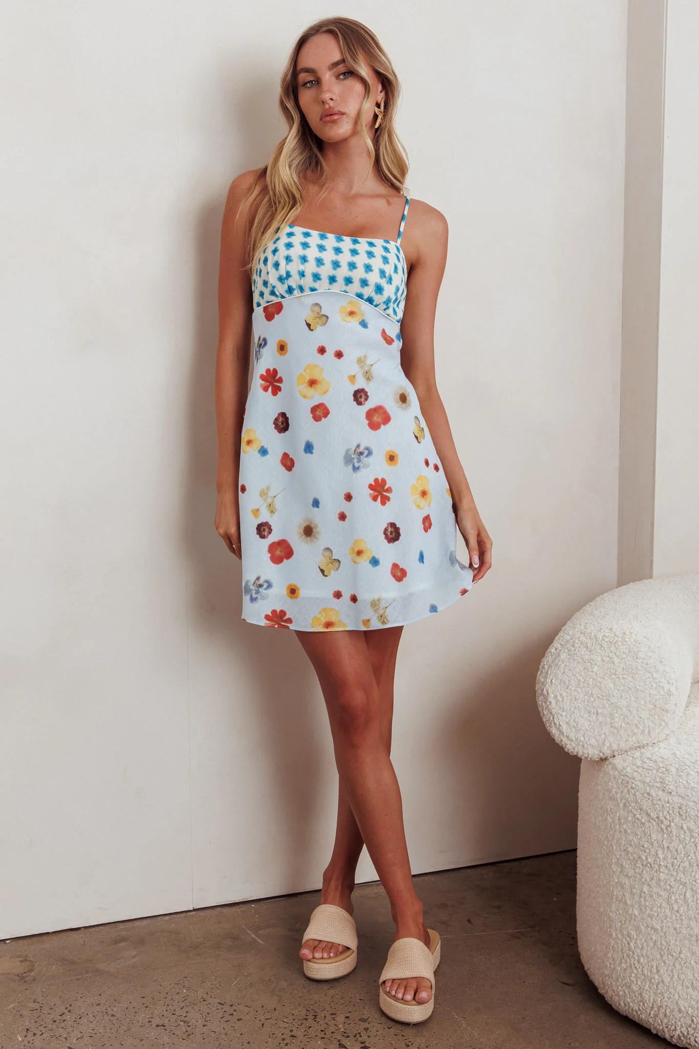 Fleur Sun Cami Strap Mini Dress Flowers Blue