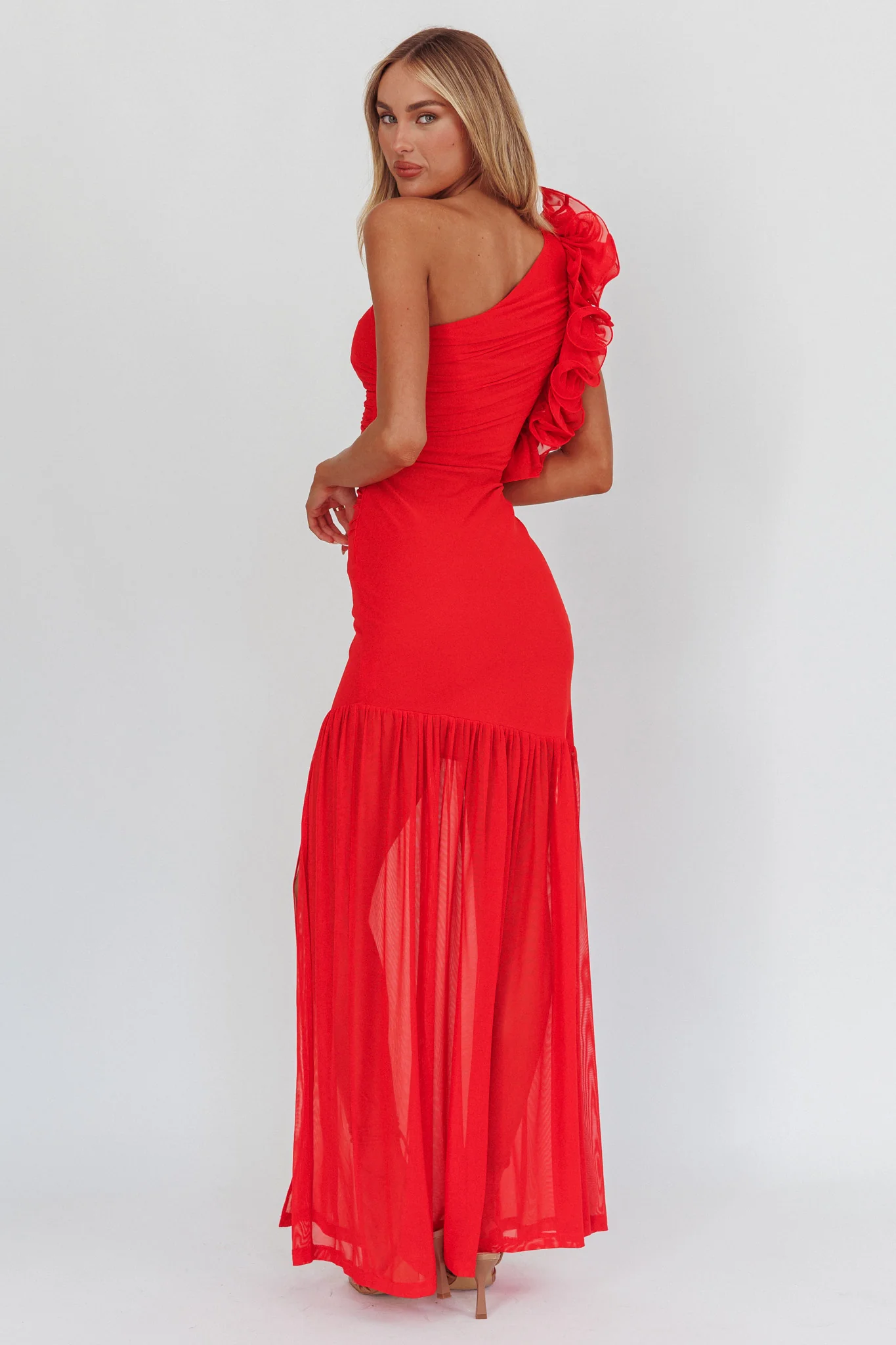 Deanna One-Shoulder Sheer Hem Maxi Dress Red
