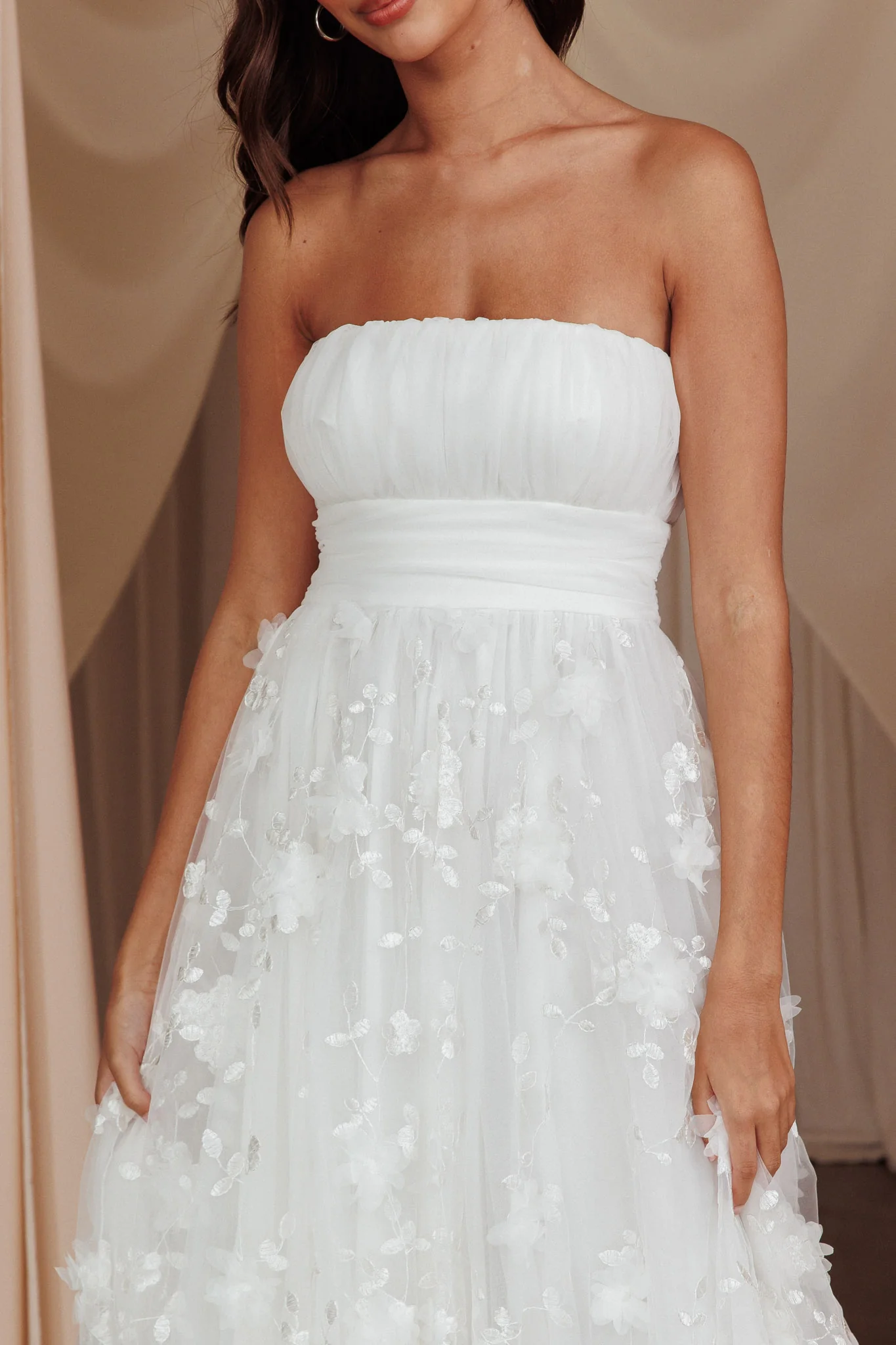 Fayette Strapless Mesh Midi Dress Embellished White