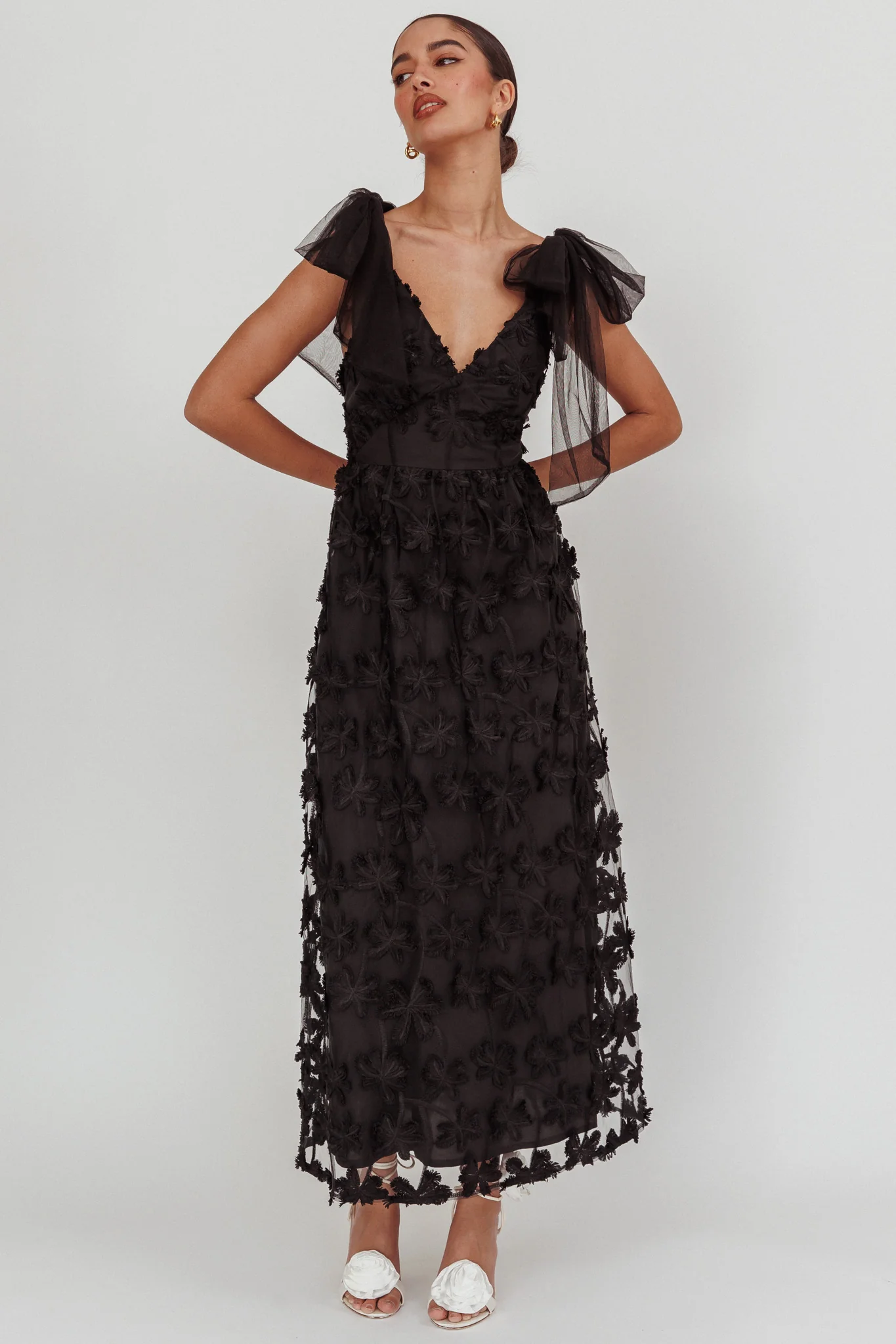 Mykonos Morning Tied Shoulder Tree Maxi Dress Black