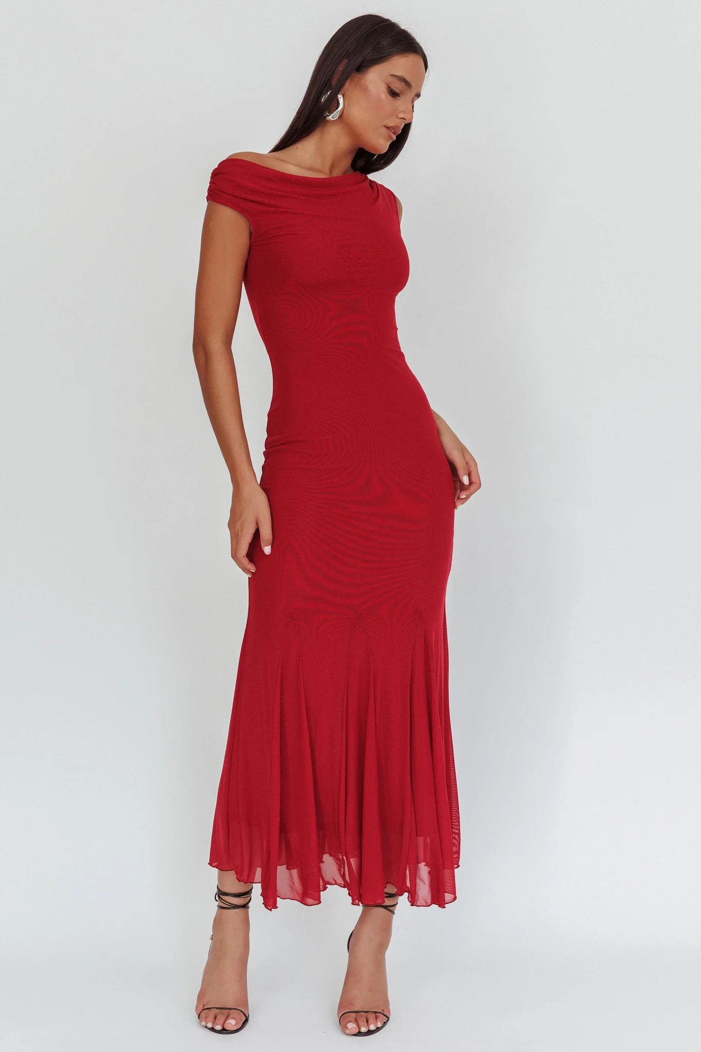Diana Asymmetric Shoulder Godet Maxi Dress Wine
