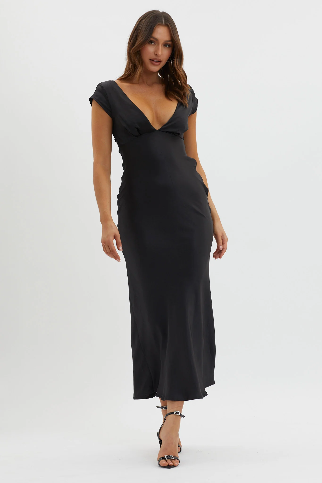 Lucinda V-Neck Twist Back Midi Dress Black