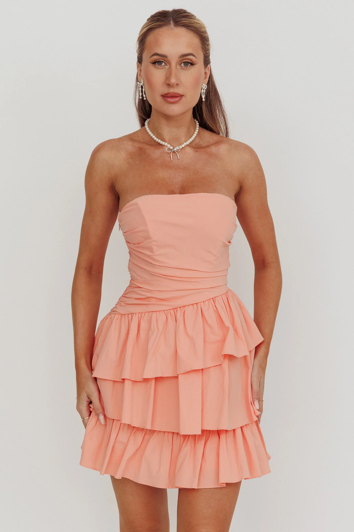 Destini Strapless Layered Frill Mini Dress Blush