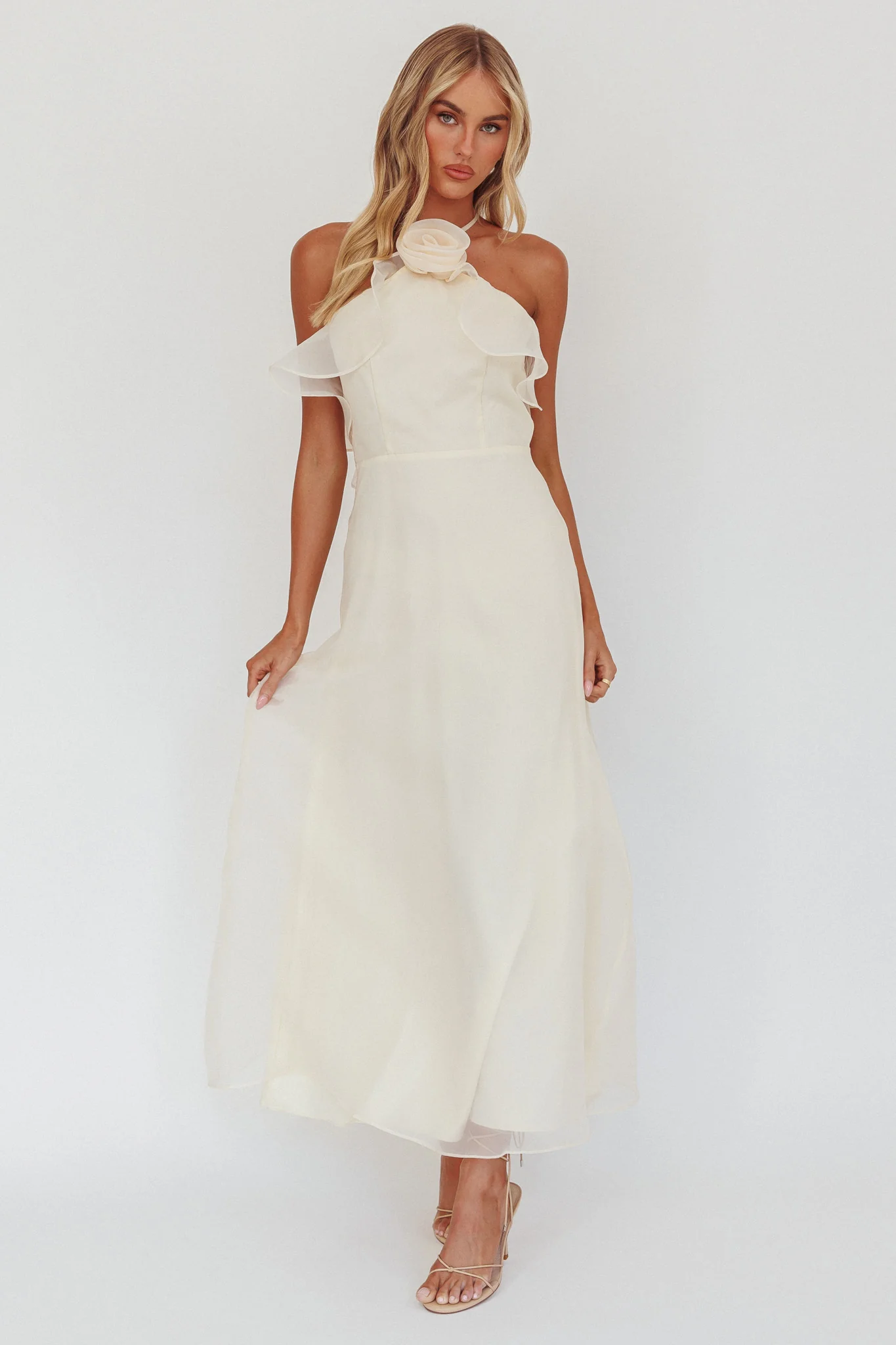 Cordially Invited Ruffle Neckline Rosette Maxi Vanilla