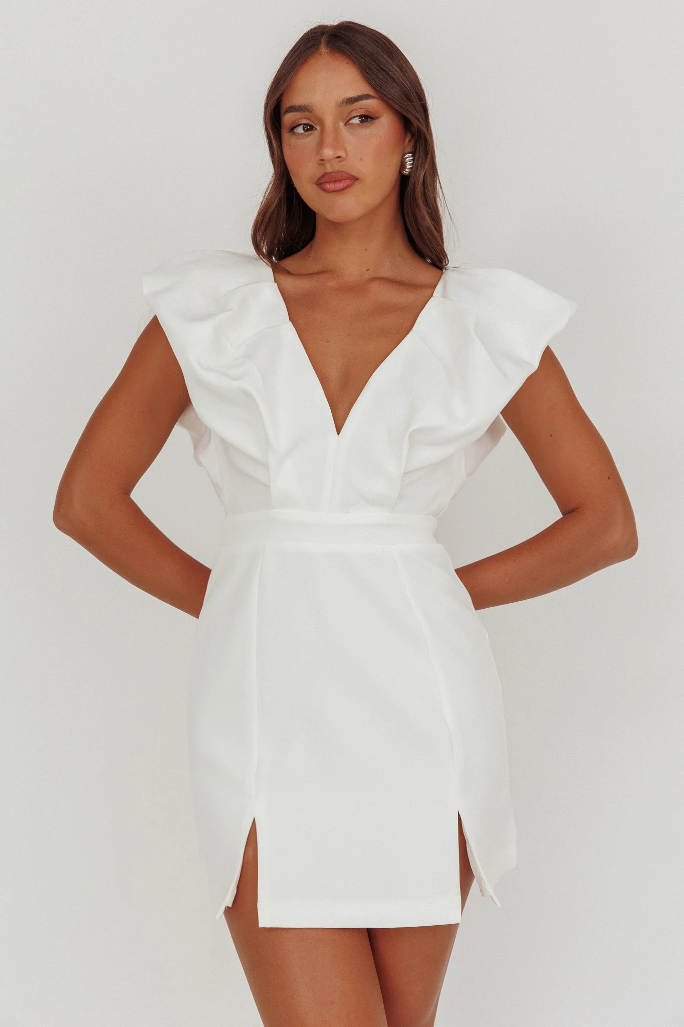 Liardon Bubble Sleeve V-Neckline Mini Dress White