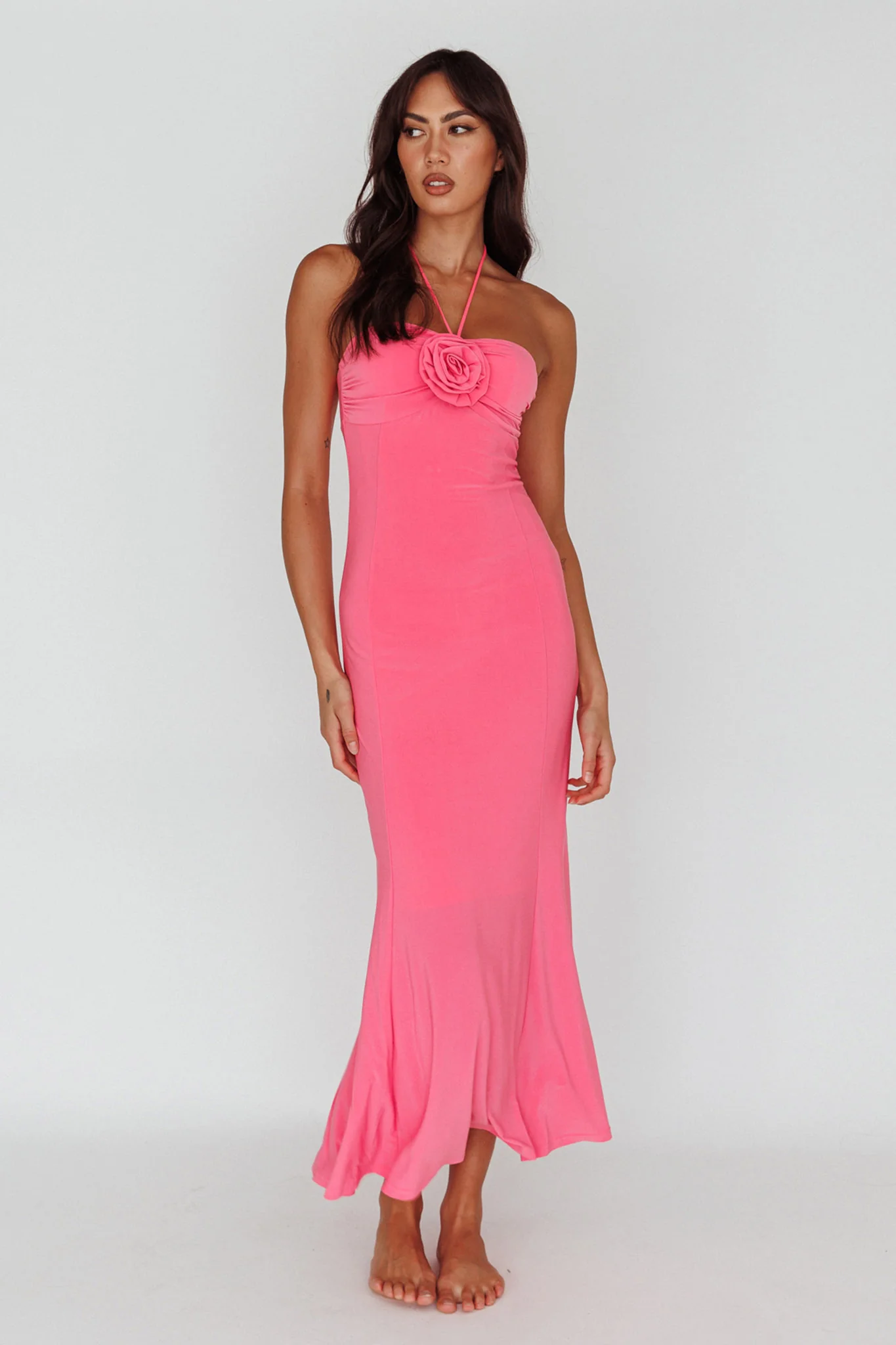 Ibiza Sunset Bust Flower Midi Dress Hot Pink