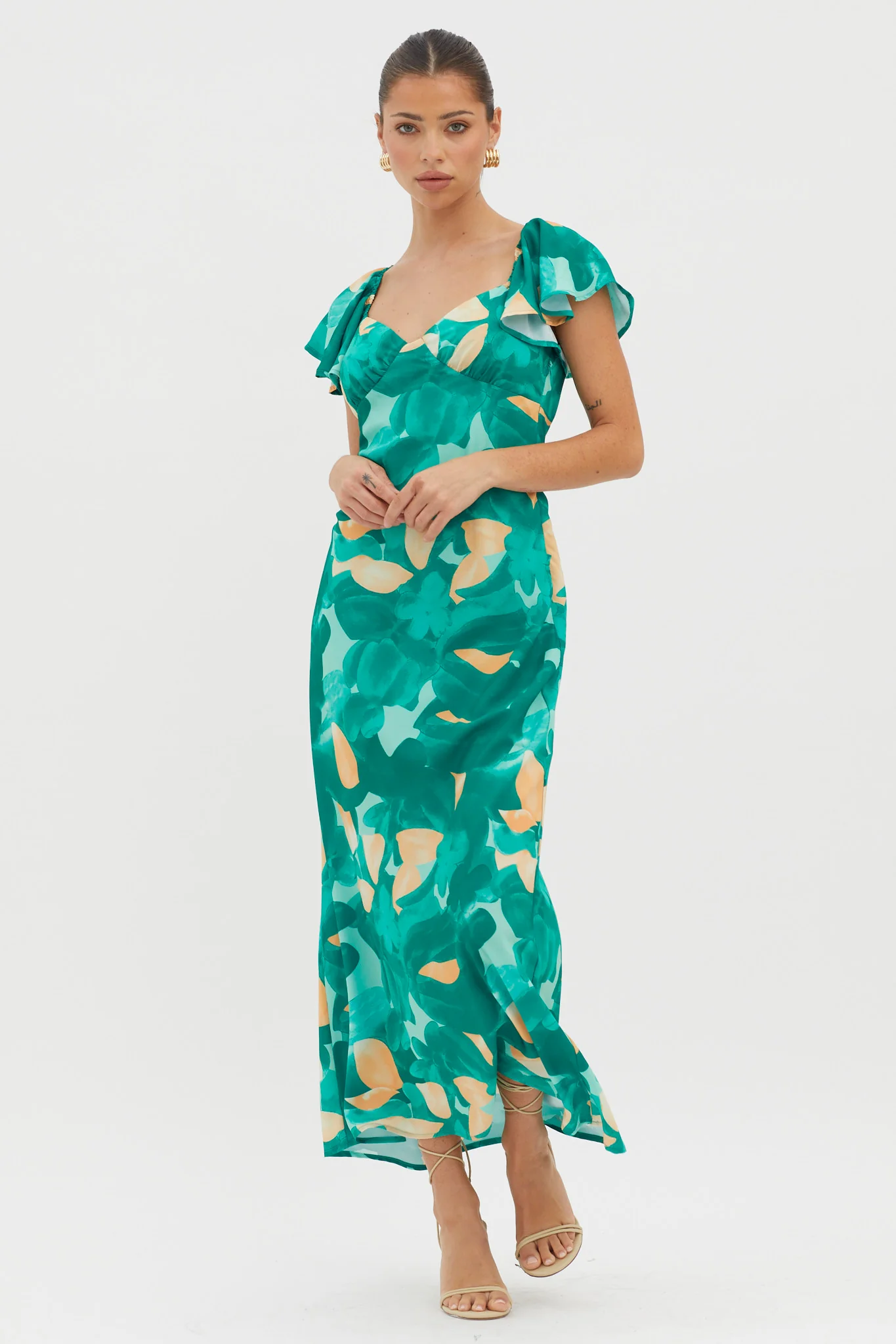 Park Avenue Flutter Sleeve Midi Dress Abstract Green