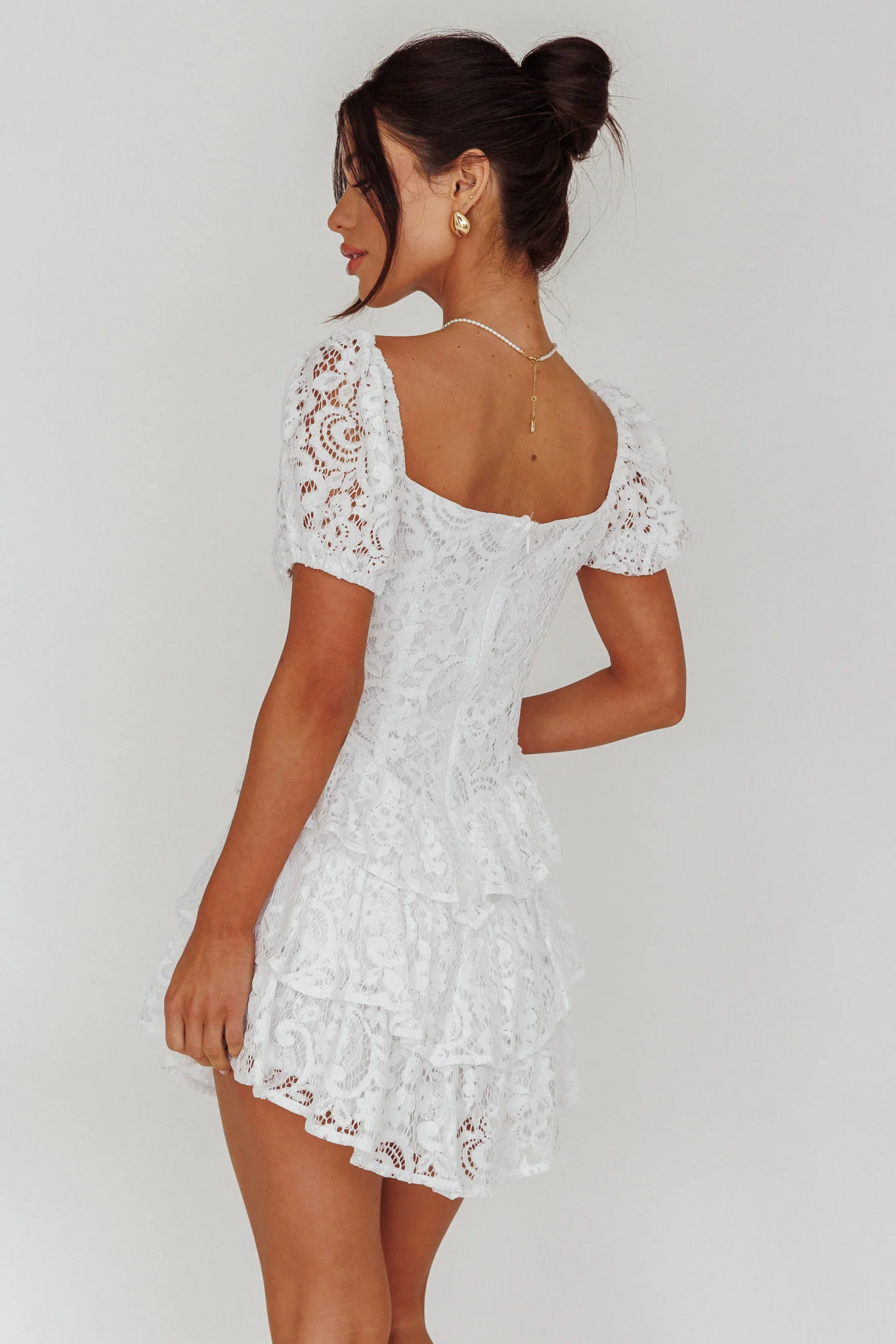 Tayah Tiered Lace Mini Dress Off White