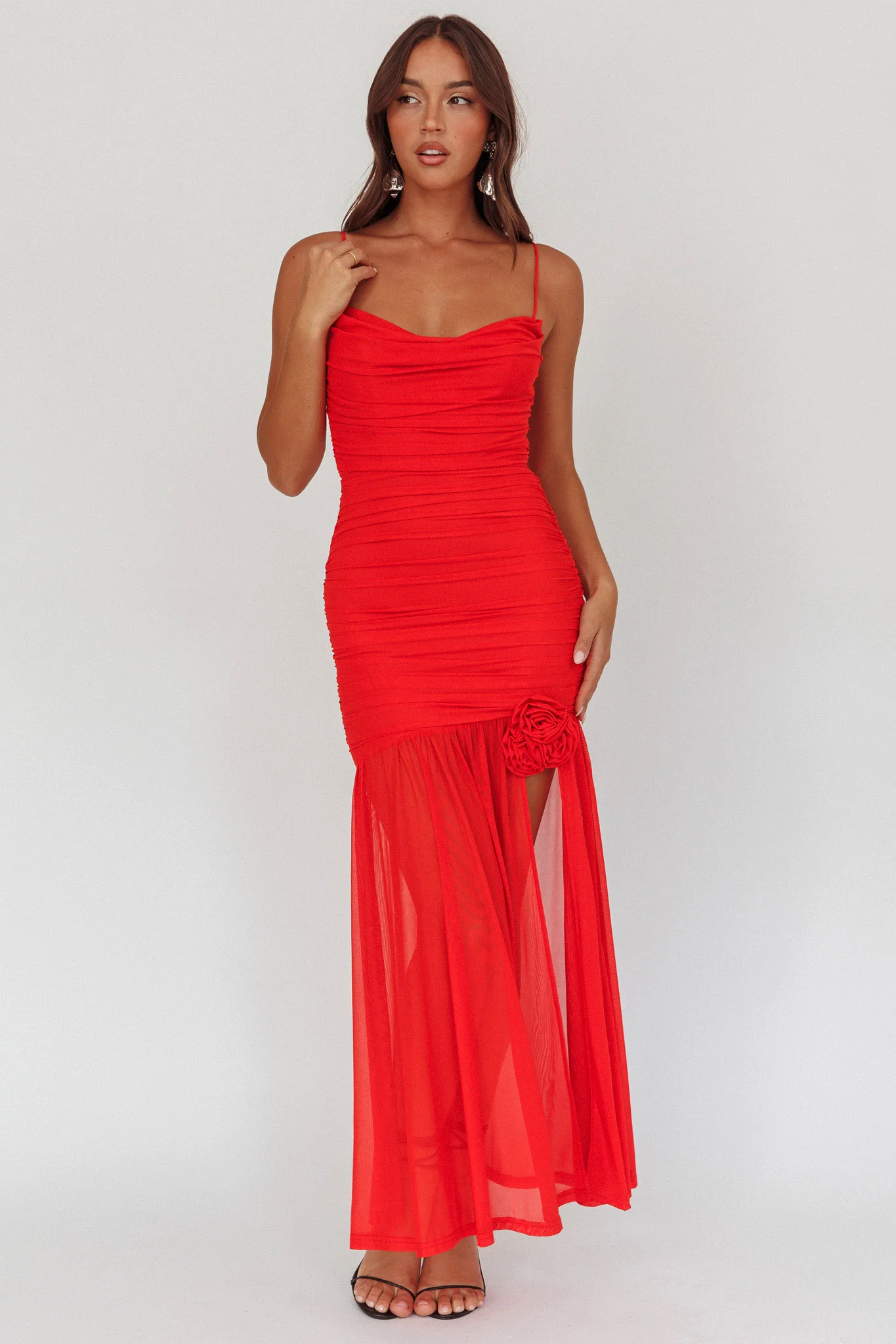 Stole The Show Ruched Mesh Maxi Dress Red