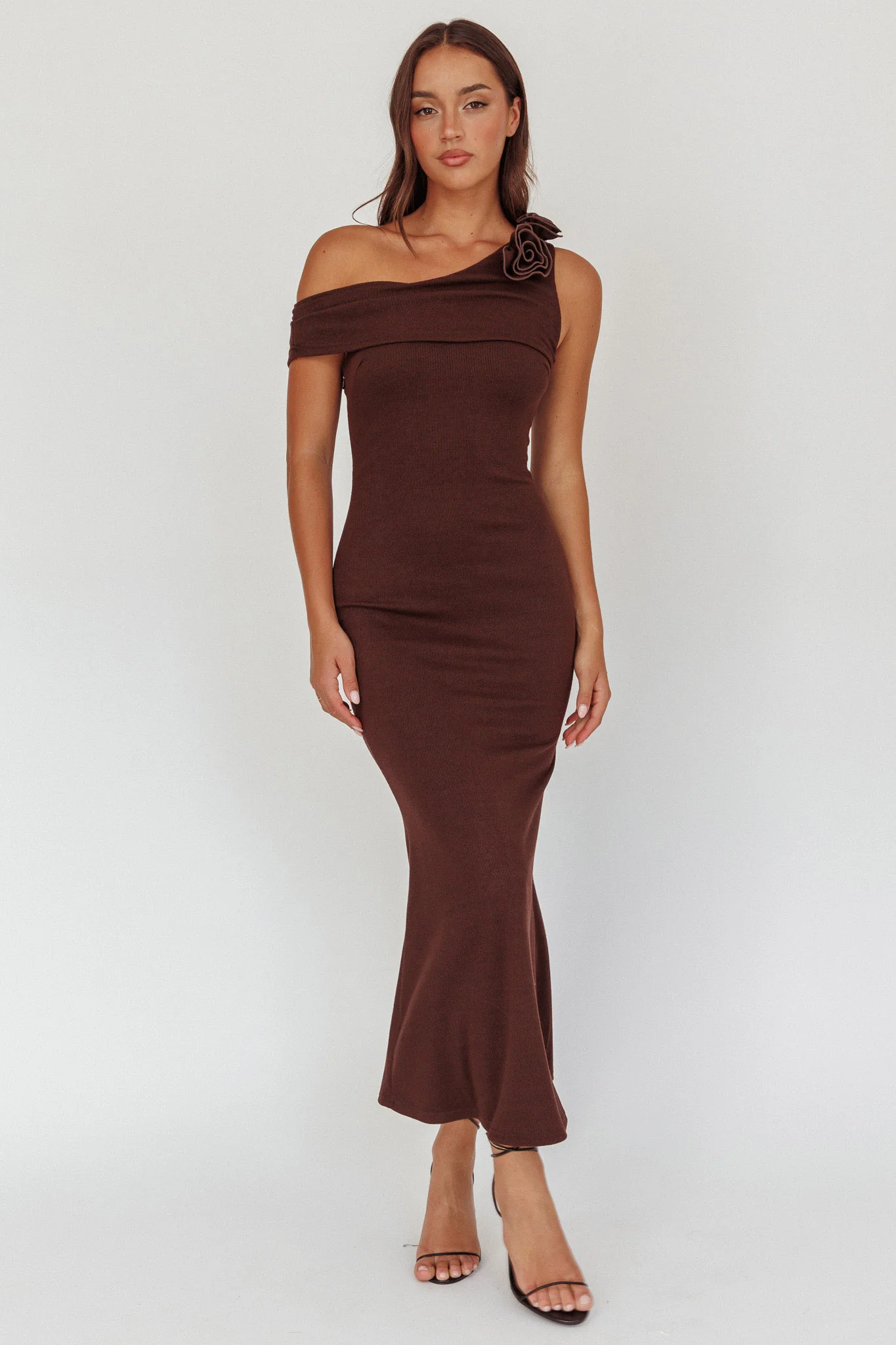 Mazon One-Shoulder Knit Maxi Dress Chocolate